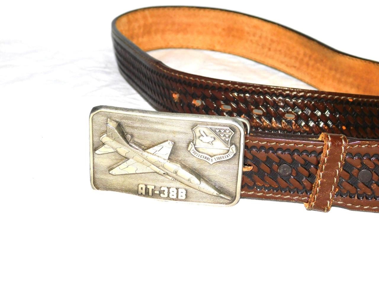 VTG AT-38B Fighter Jet Belt Buckle On Size 38 Brown Woven Leather Belt USAF