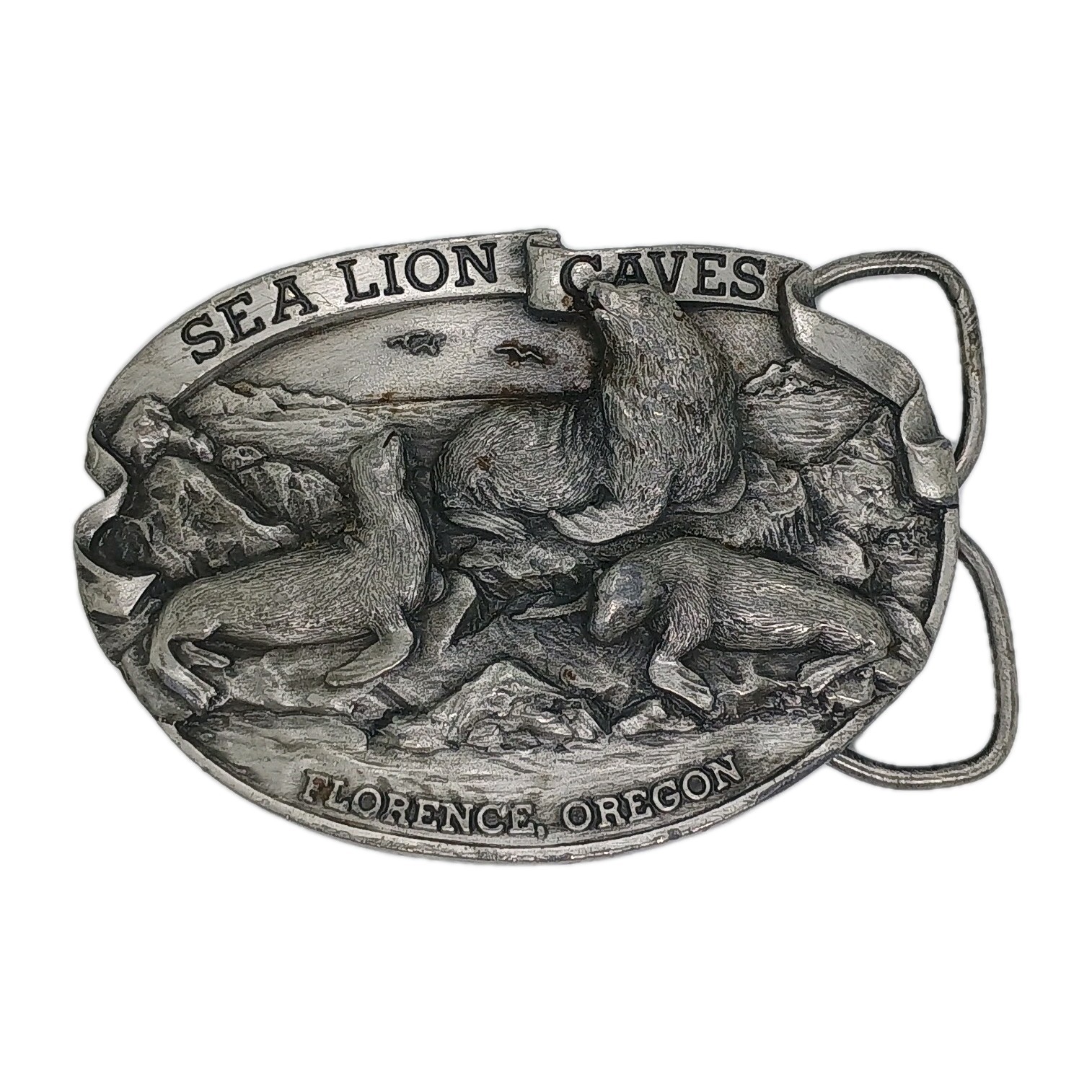 Buckle: Sea Lion Caves. Florence, Oregon Commemorative Pewter