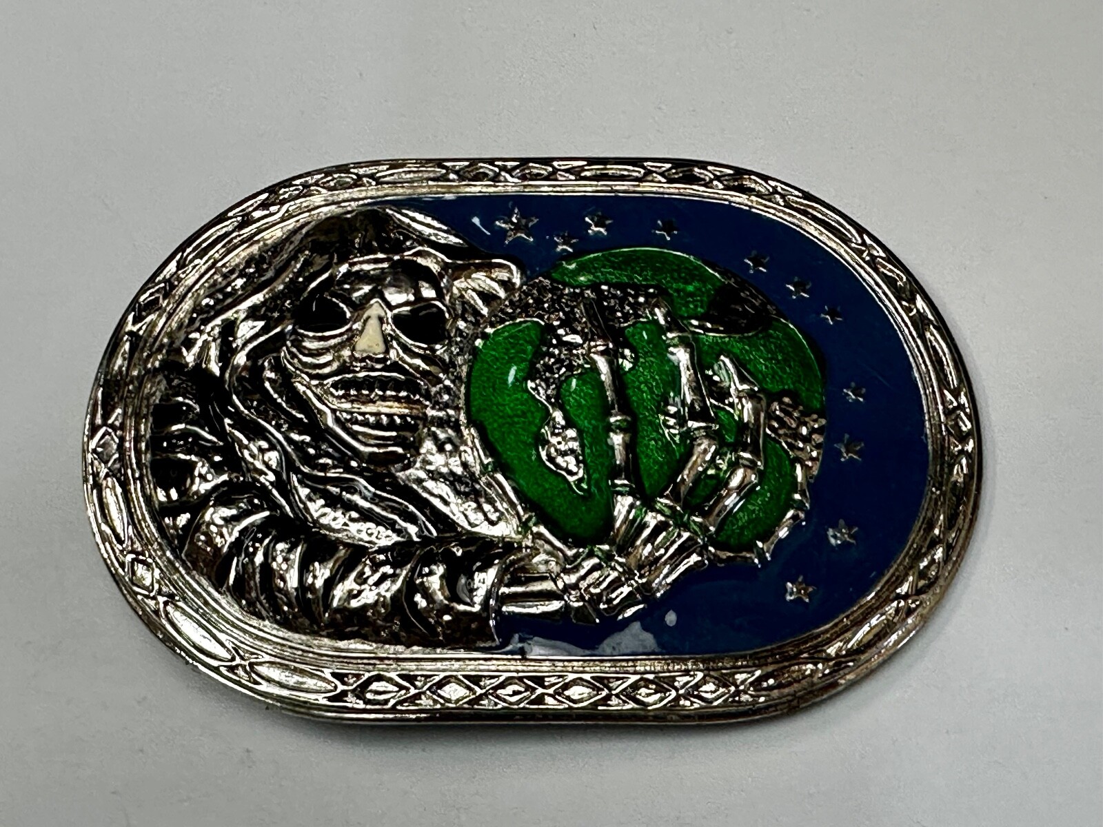 Skull Face Holding The Earth Grim Reaper Silver Green Gothic Biker Belt Buckle
