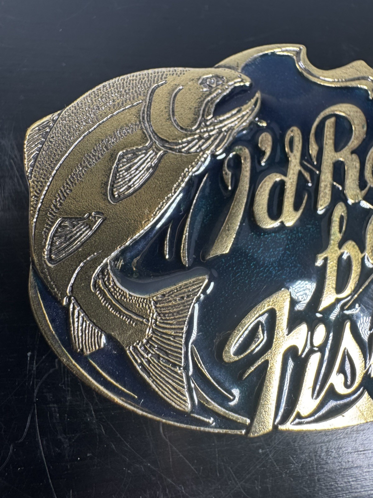 Vintage 1985 I’d Rather Be Fishing Belt Buckle USA Brass Enamel 3”