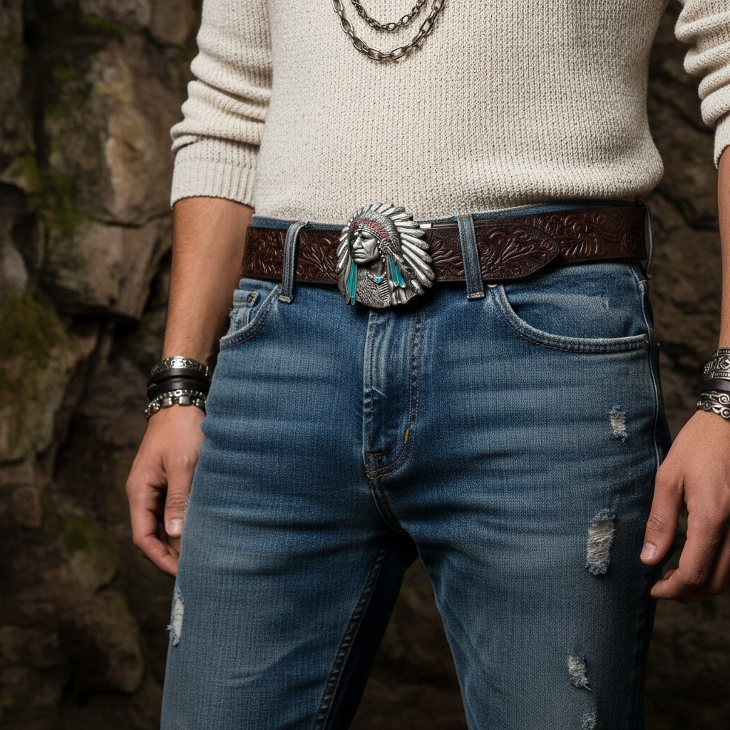 Men Silver Metal Western Fashion Belt Buckle Cowboy Native American Indian Face