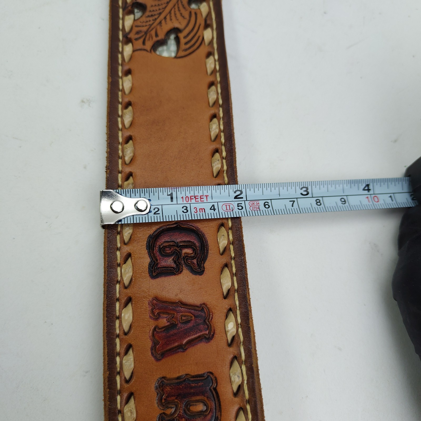 Vintage Tooled Western Leather Name Belt Gary GWB Mother of Pearl Inlay Size 38&Prime;