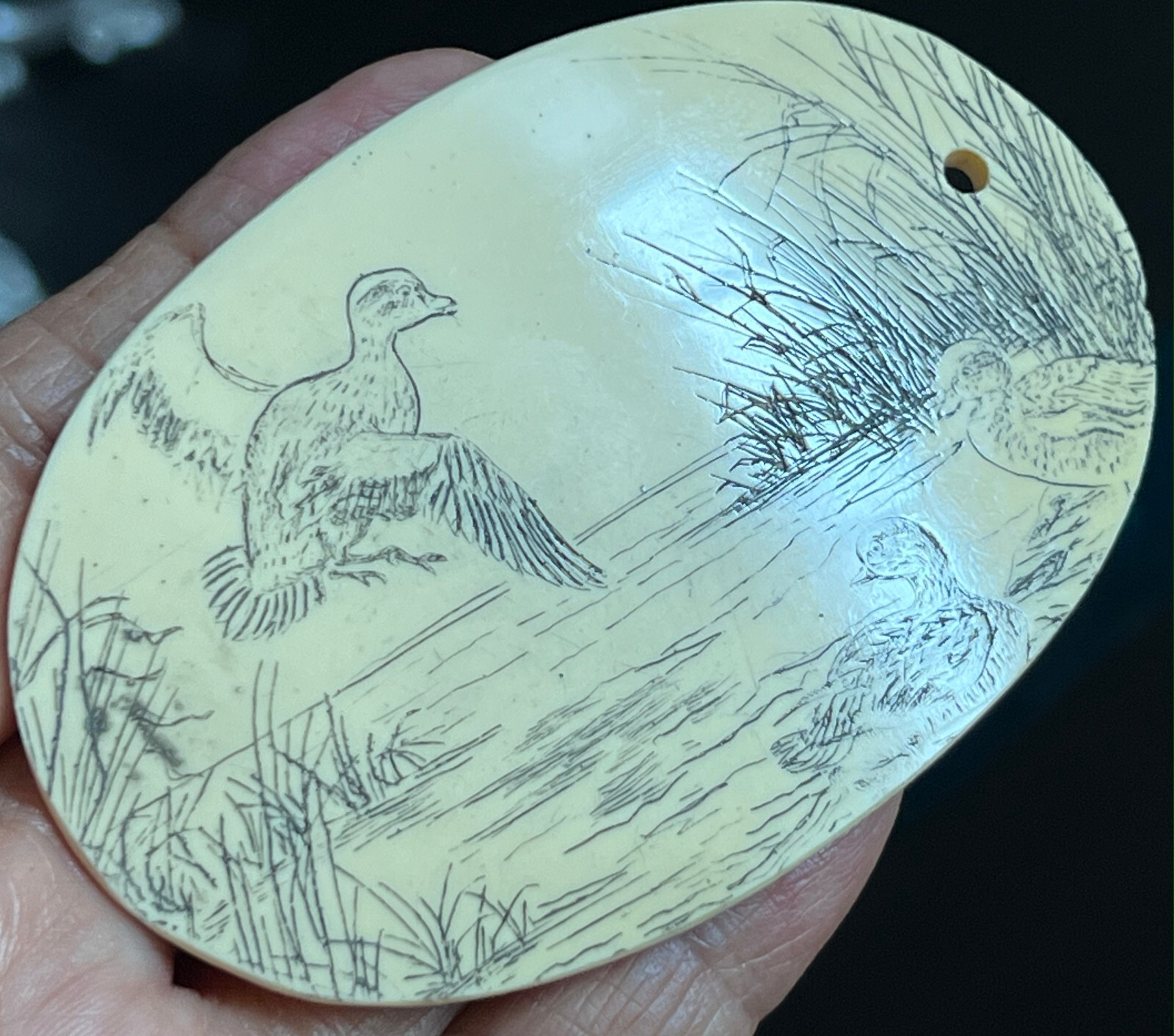 VTG Faux Bone Scrimshaw Carved Wild Goose Scenery&Display Stand/was Belt Buckle?