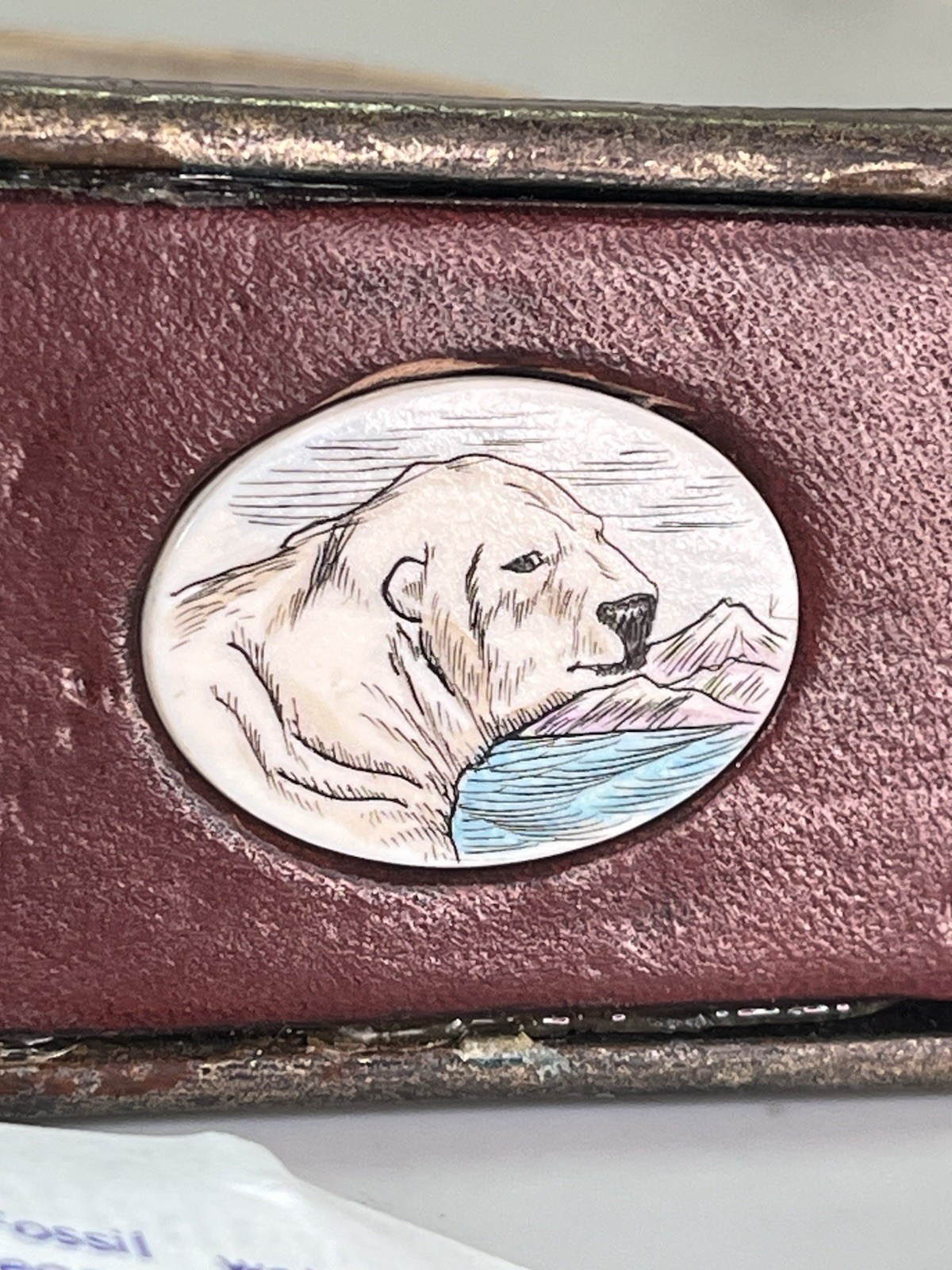 VTG Solid Brass Belt Buckle w/ Leather Native Made Polar Bear Scrimshaw Center