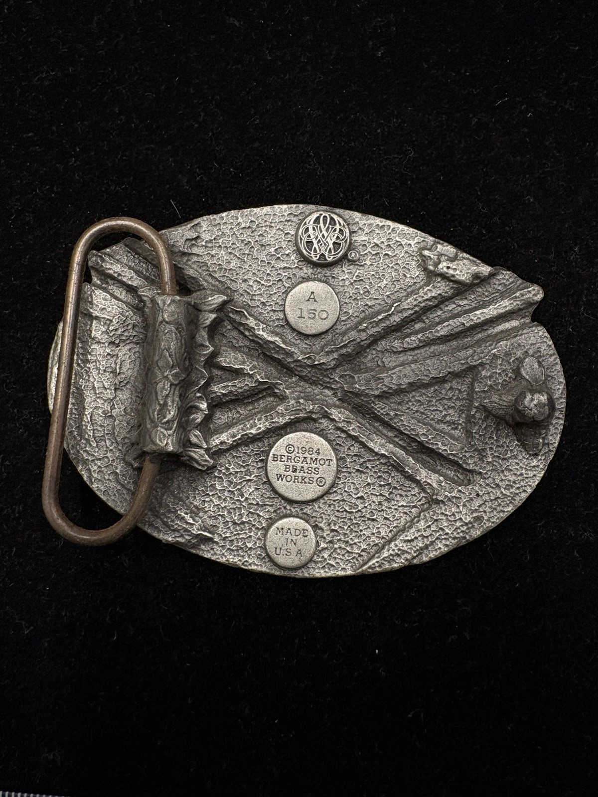 Vintage 1984 Bergamot Brass Works belt buckle dartboard and crossed dart RARE