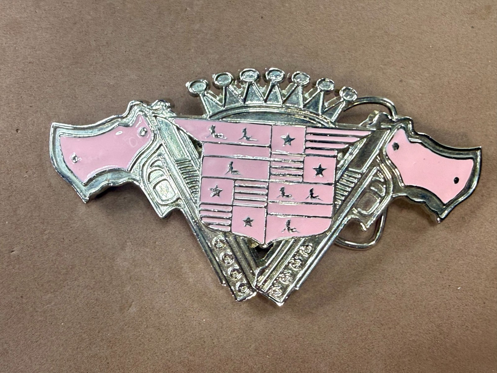 Guns Crown Shield Trucker Cadillac Grill Pink Enamel Belt Buckle Bottle Opener