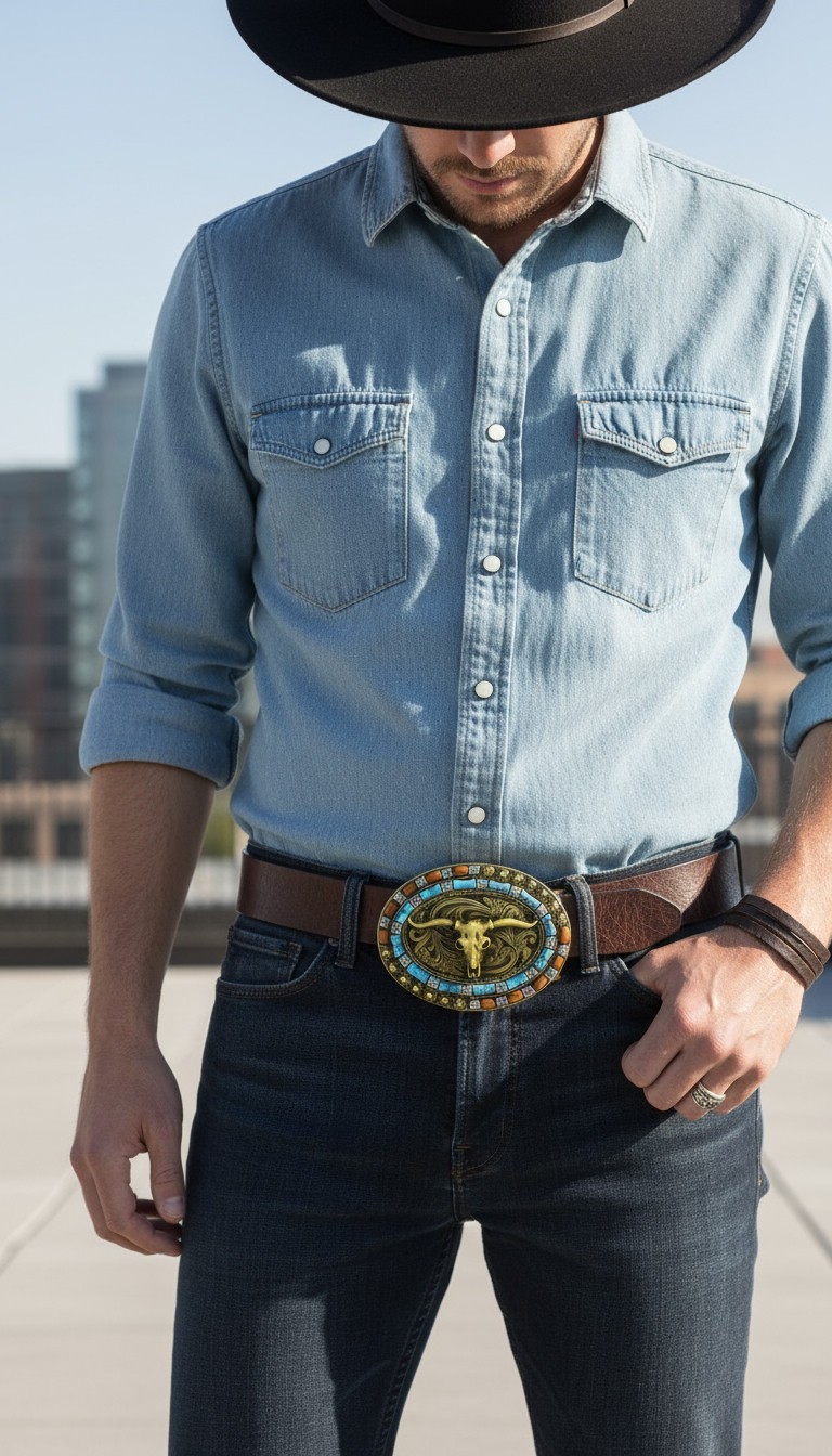 Men Dark Gold Metal Buckle Western Fashion Bull Long Horn Texas Cow Cowboy Style