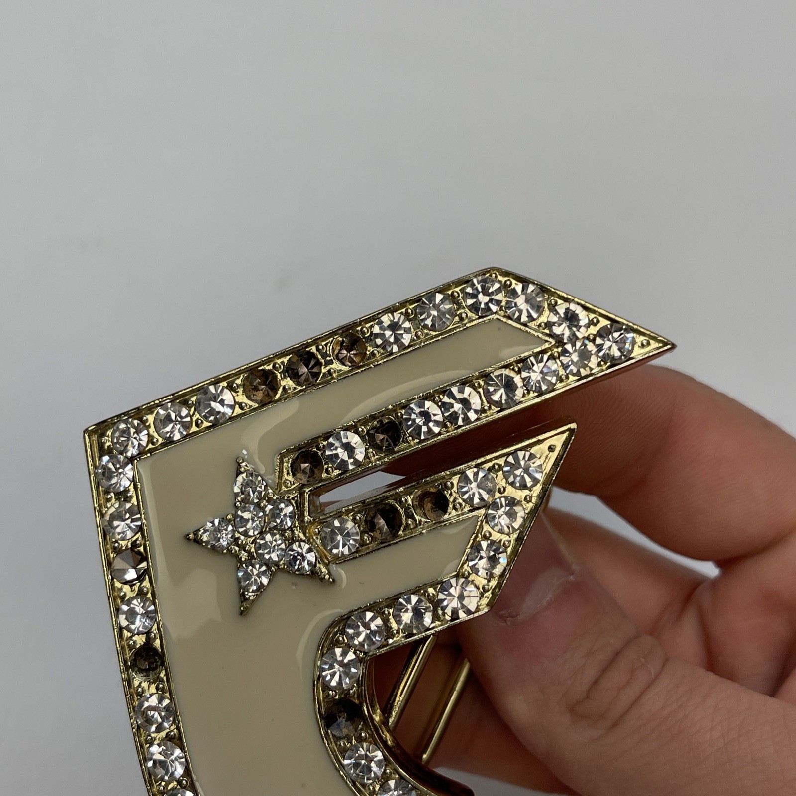 Famous Stars & Straps Rhinestone Covered F Emblem Silver Color Y2K Belt Buckle