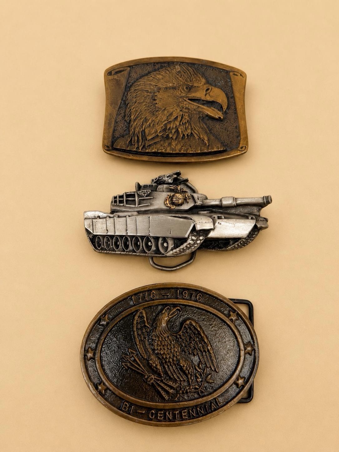 Vintage Belt Buckle Lot Western Patriotic Military Eagle Mixed Designs 3 Pc
