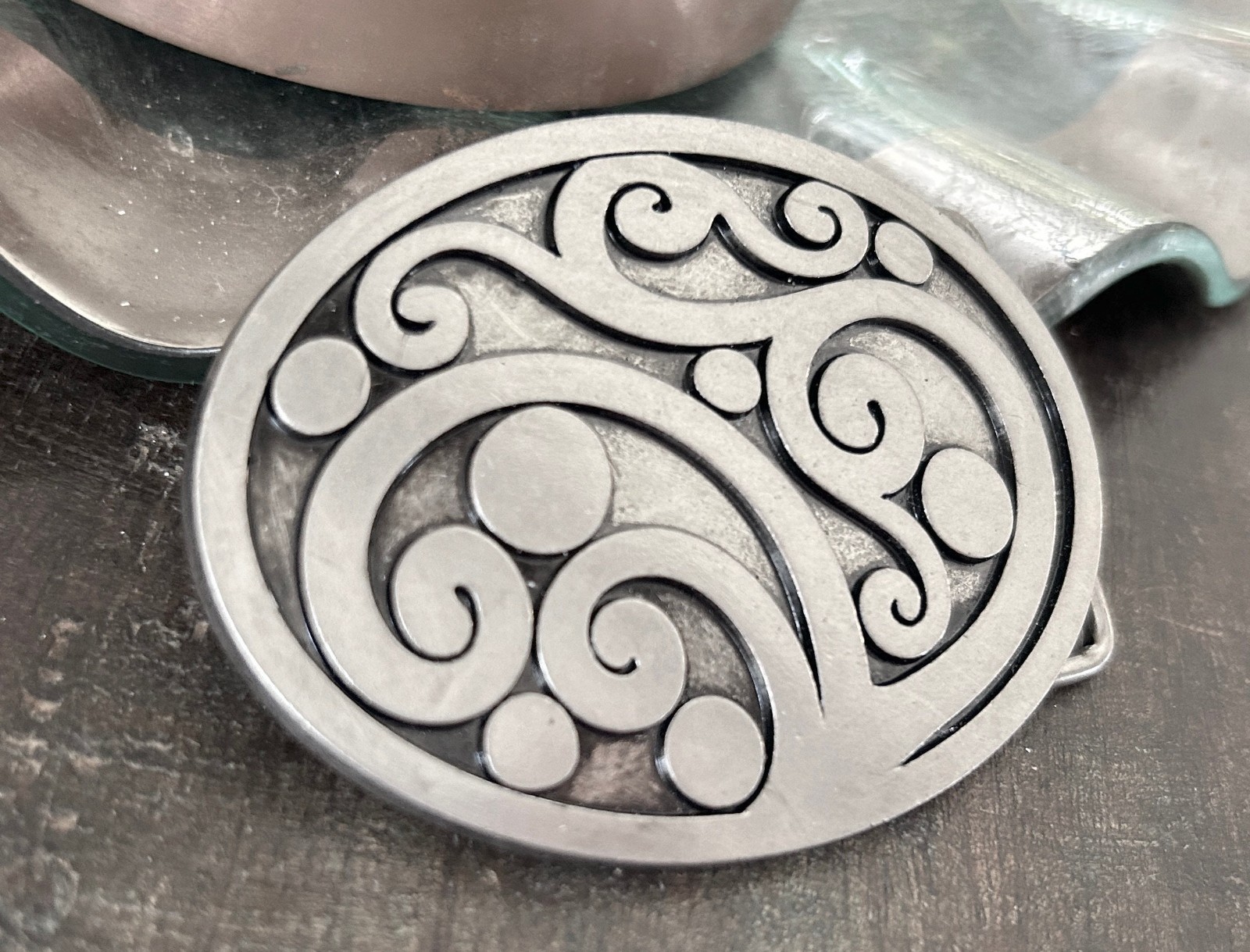 Brutalist Floral Belt Buckle Vintage 70s Abstract Oval Cowboy Accessory