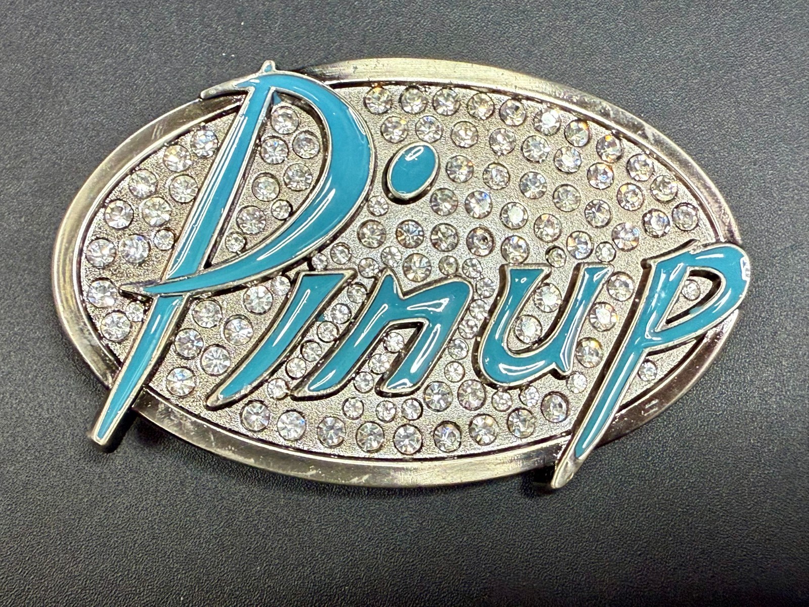 Pinup Girl – Blue Lettering Fashion Statement Novelty Jeweled Oval Belt Buckle