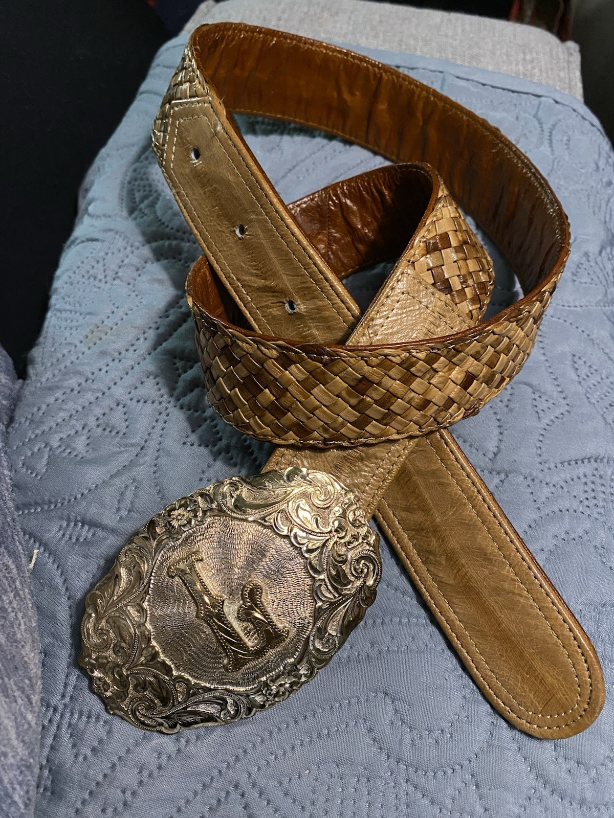 Cumrine belt buckle L On Woven Leather & Eel Belt Holes 30-35