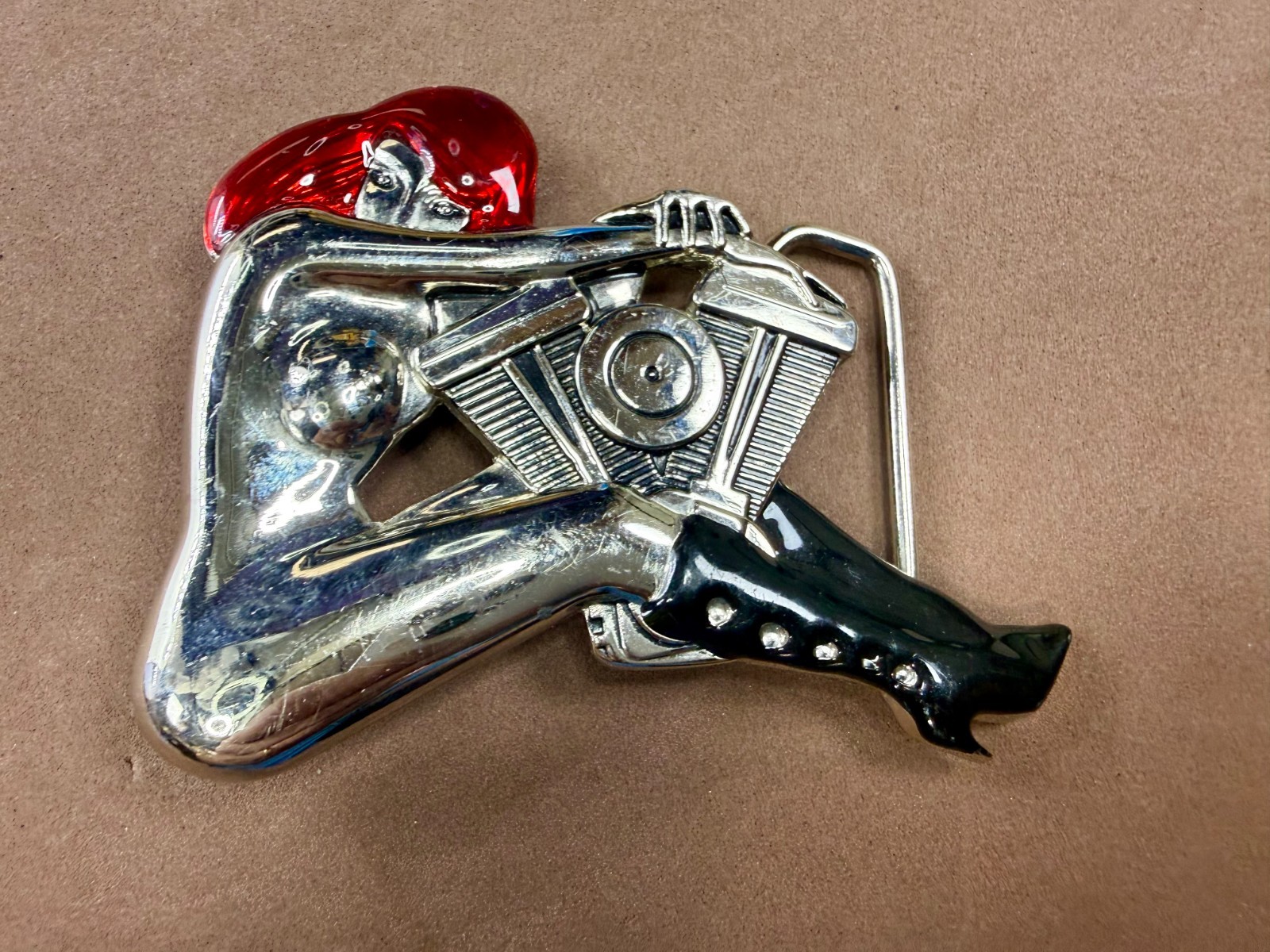 Woman Hugging V-Twin Engine with Red Enamel Hair Novelty Figural Belt Buckle