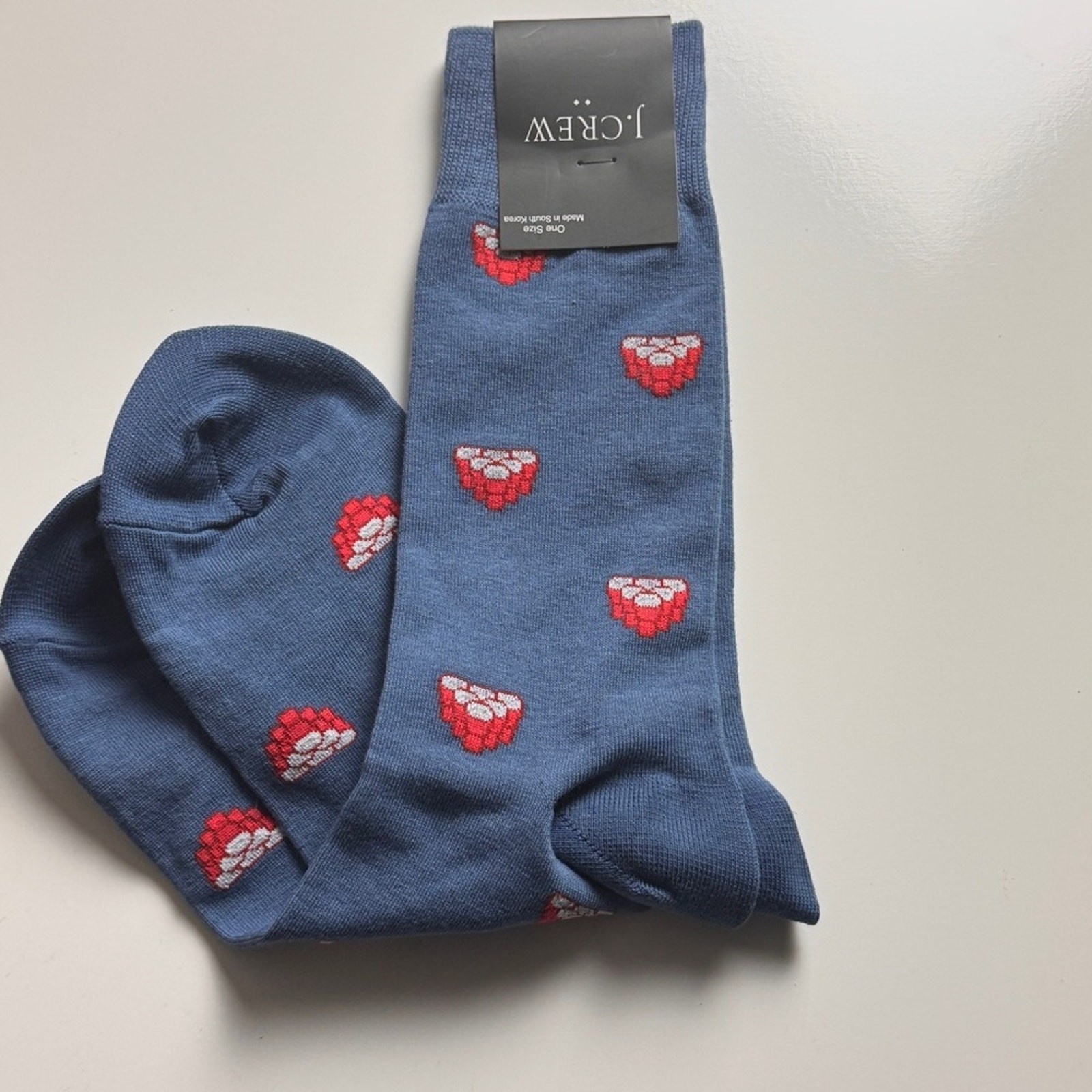 J. Crew Blue Socks with Red Cup Graphic Pattern Sz OS NWT