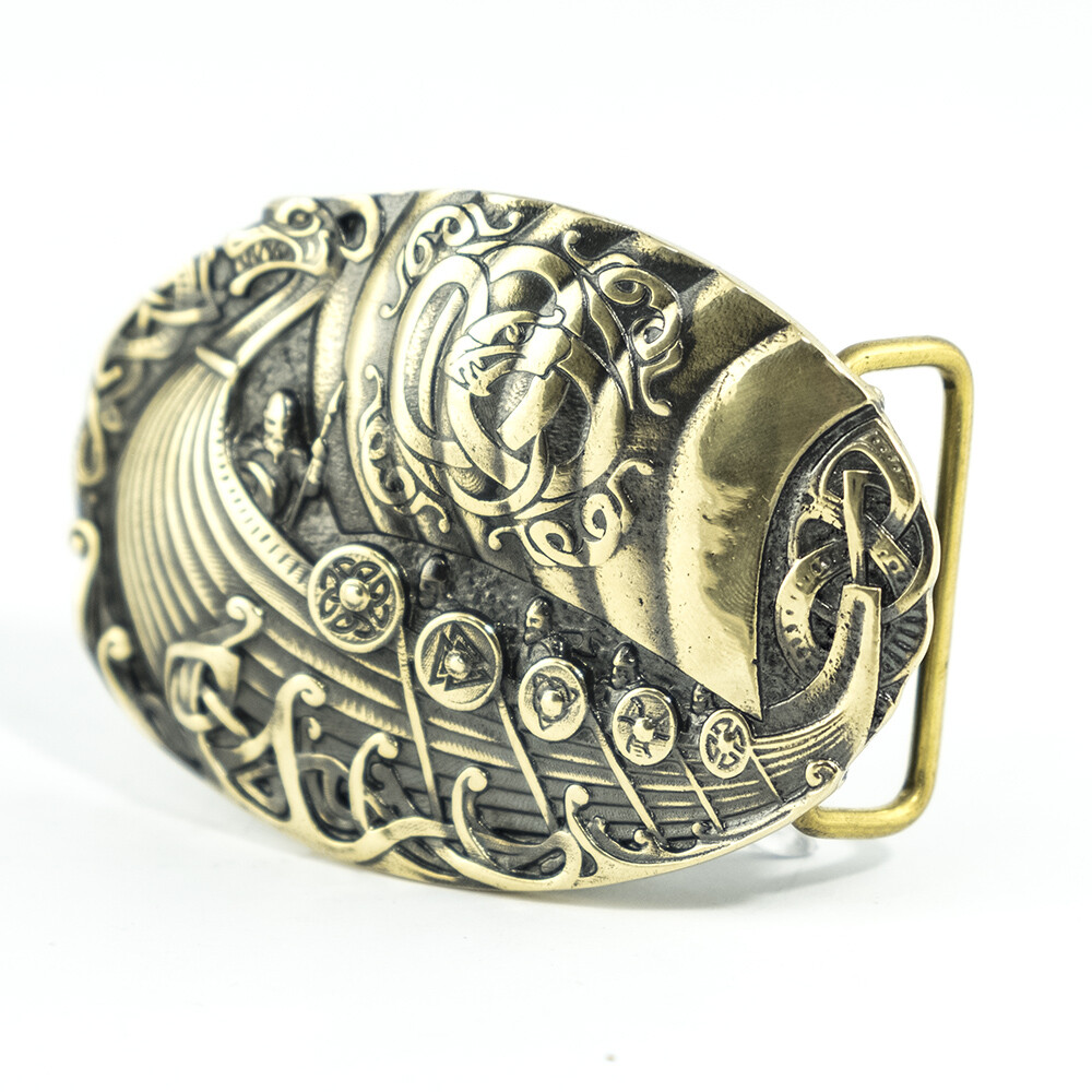 Viking warship Drakkar brass belt buckle, Scandinavian Nordic Celtic warrior