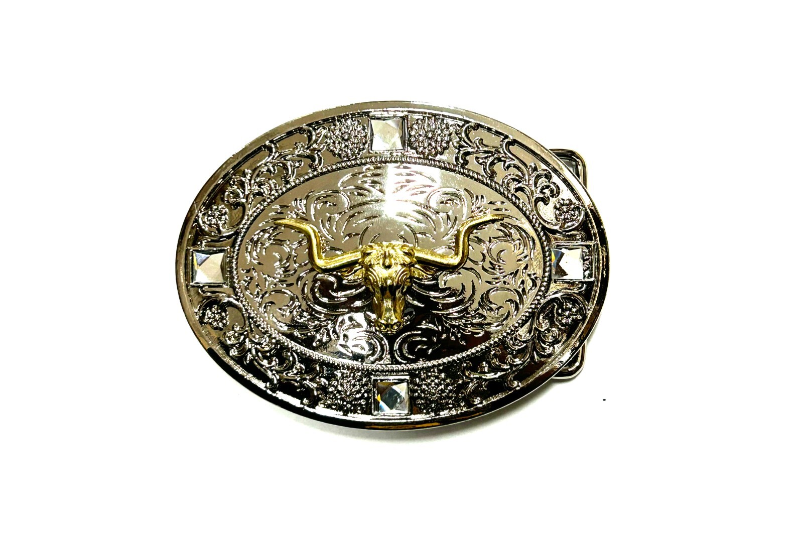Western Longhorn Buckle Men Unisex Clear Rhinestone Oval Silver Zinc Fit 2 »