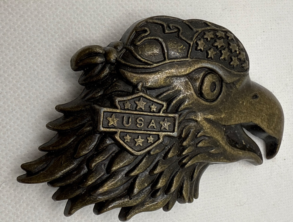 Vtg bronze Belt Buckle Eagle bandana stars USA