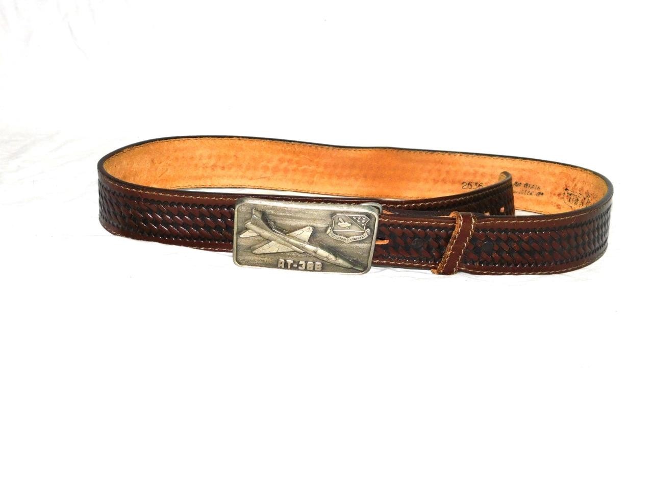 VTG AT-38B Fighter Jet Belt Buckle On Size 38 Brown Woven Leather Belt USAF