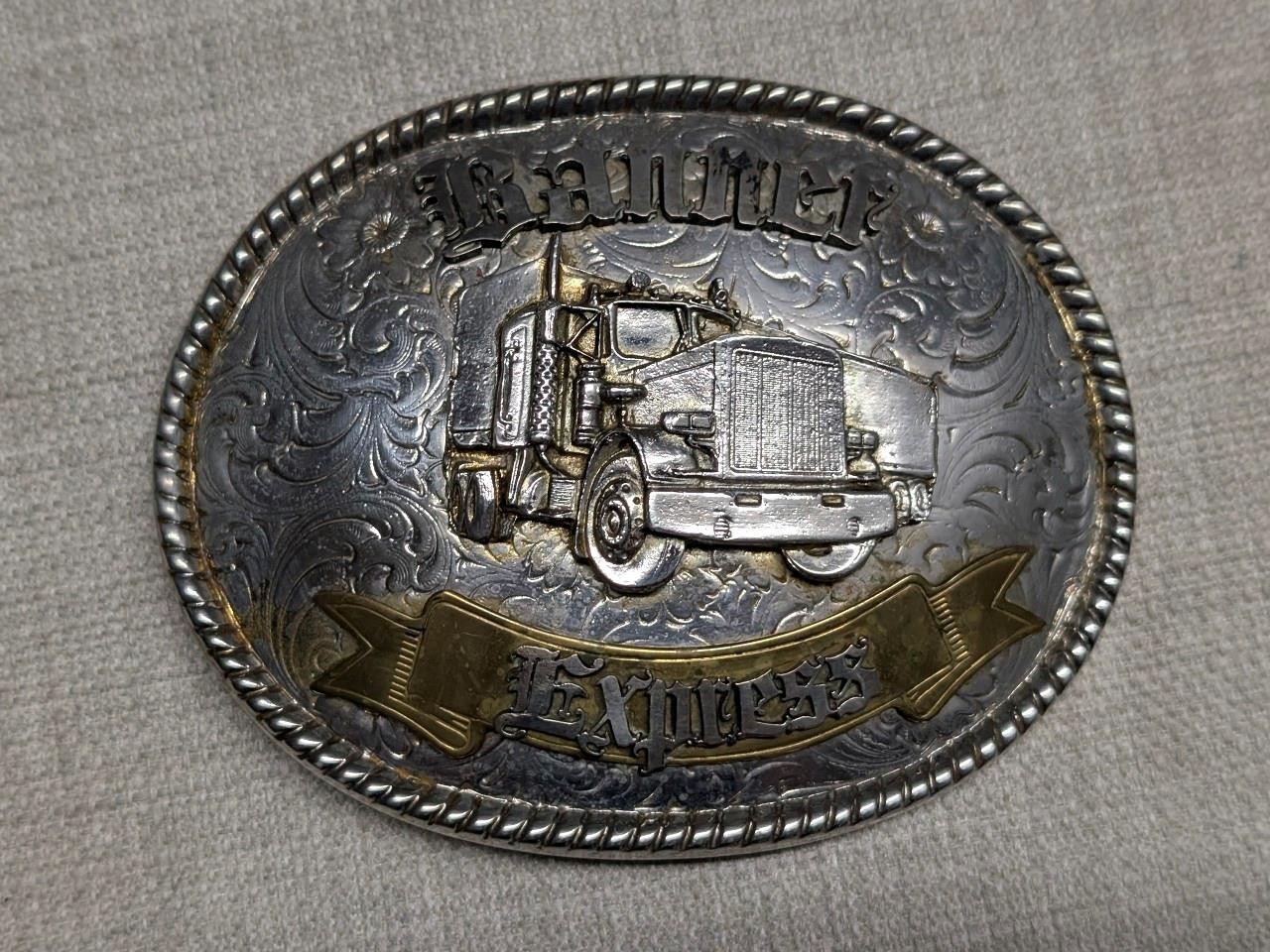 vintage USA made TRUCKER belt buckle OVERSIZED engraved WESTERN cowboy BRASS