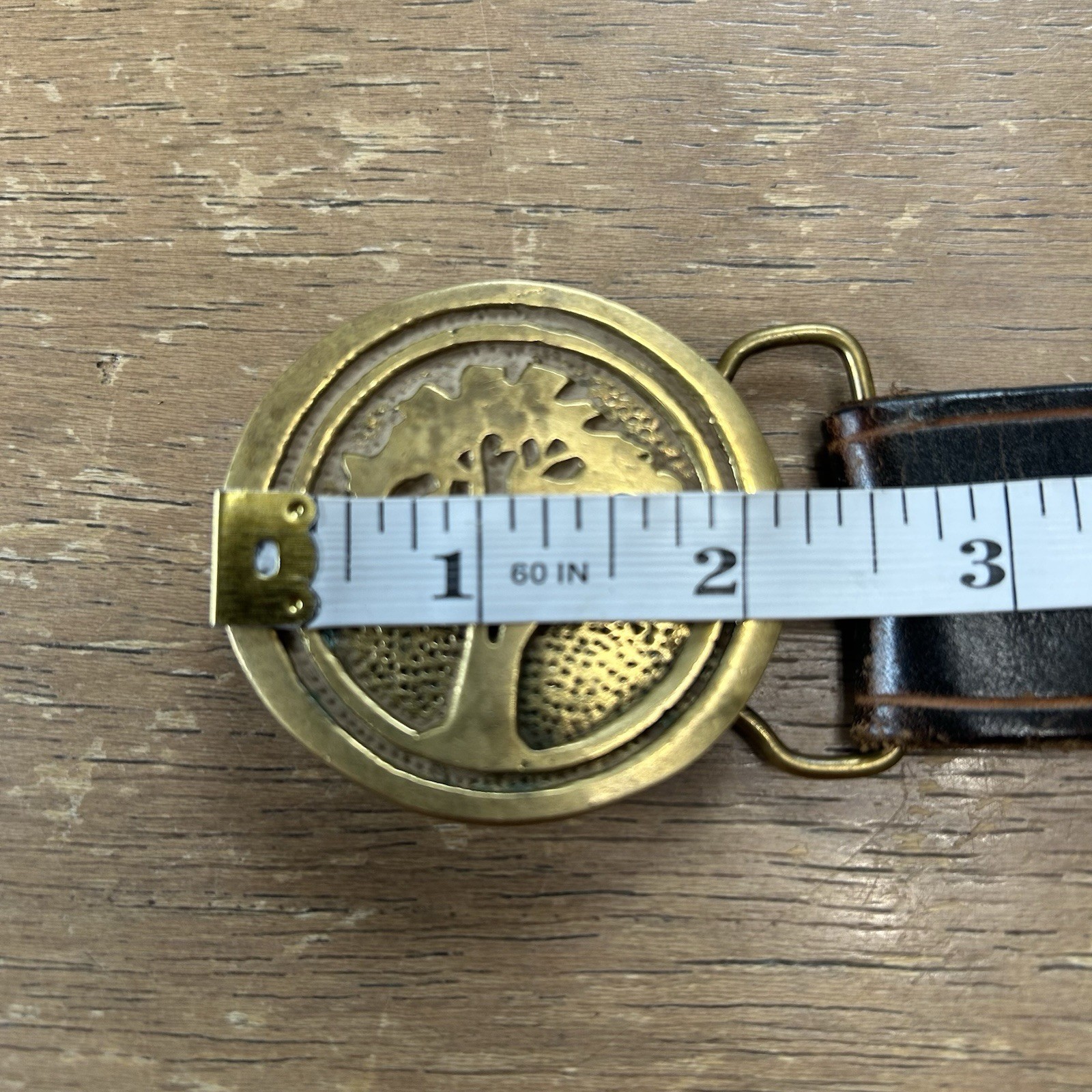 Brass BTS Big Tree Belt Buckle w/Brown Leather Western Hippie Boho Belt Size 38