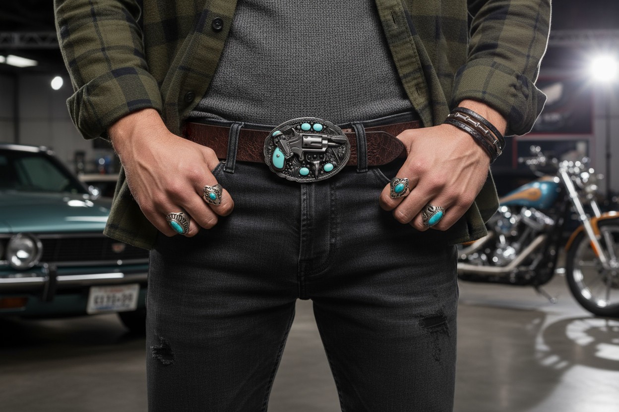 Men Western Buckle Silver Metal Revolver Pistol Gun Feather Bull Skull Turquoise