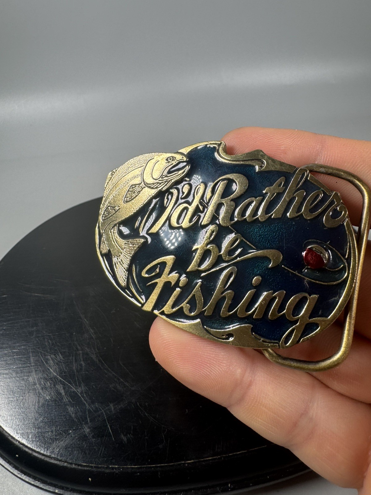 Vintage 1985 I’d Rather Be Fishing Belt Buckle USA Brass Enamel 3”