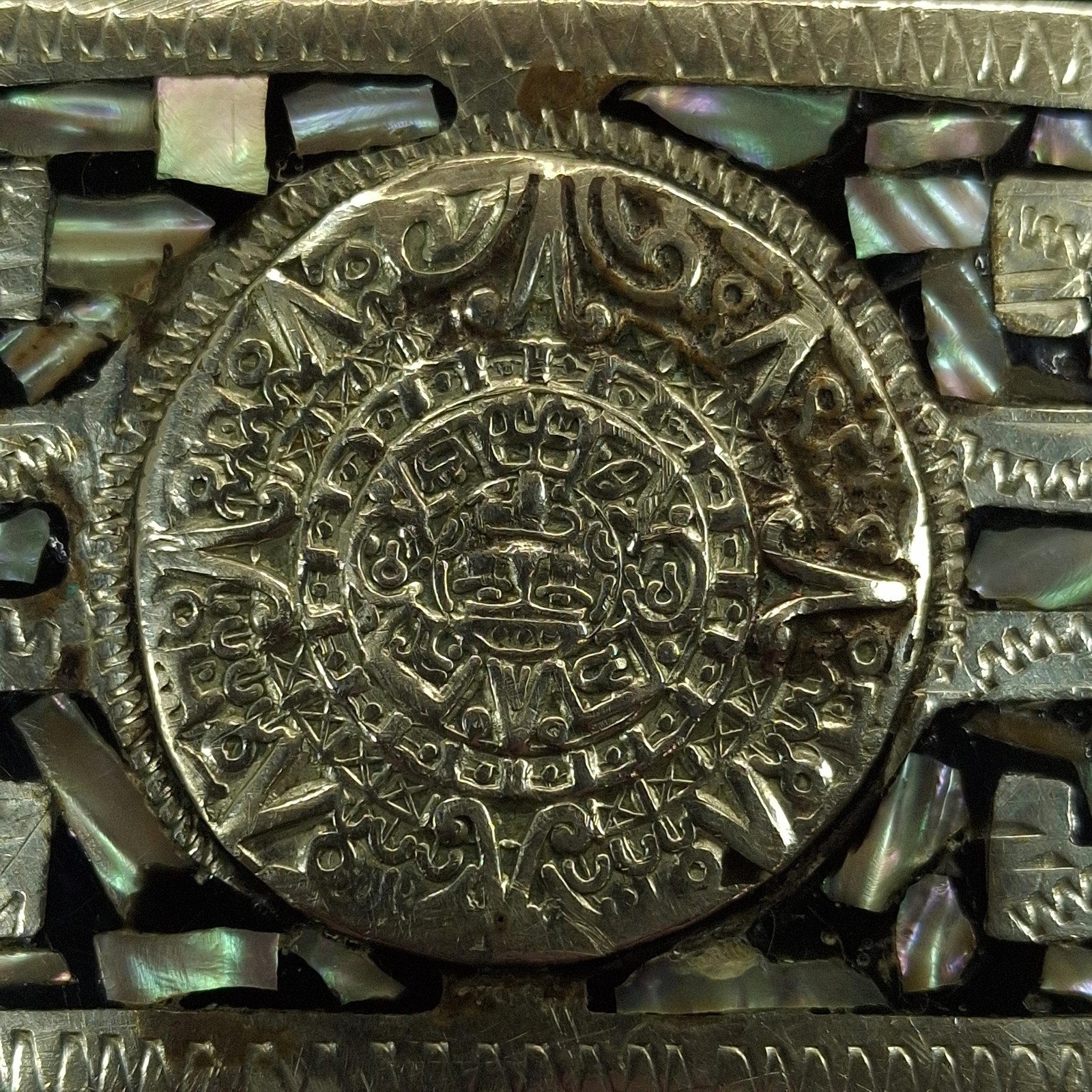 Mexican Alpaca Silver Abalone Shell Inlay Aztec Calendar Belt Buckle Western