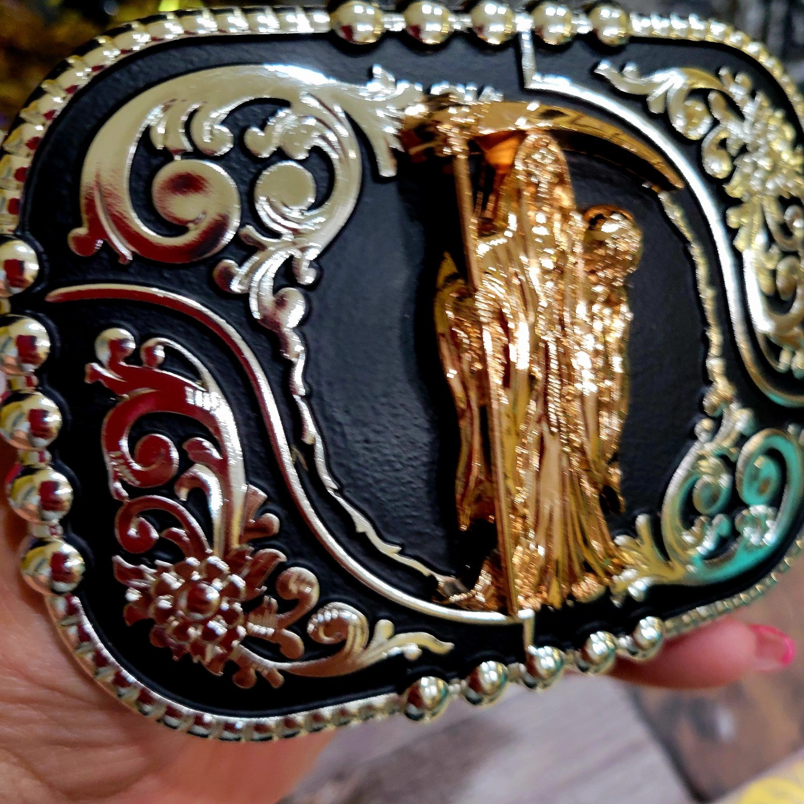 Santa Muerte belt Buckle Grim Reaper Rose Tone Silver Heavy Black Zinc Alloy