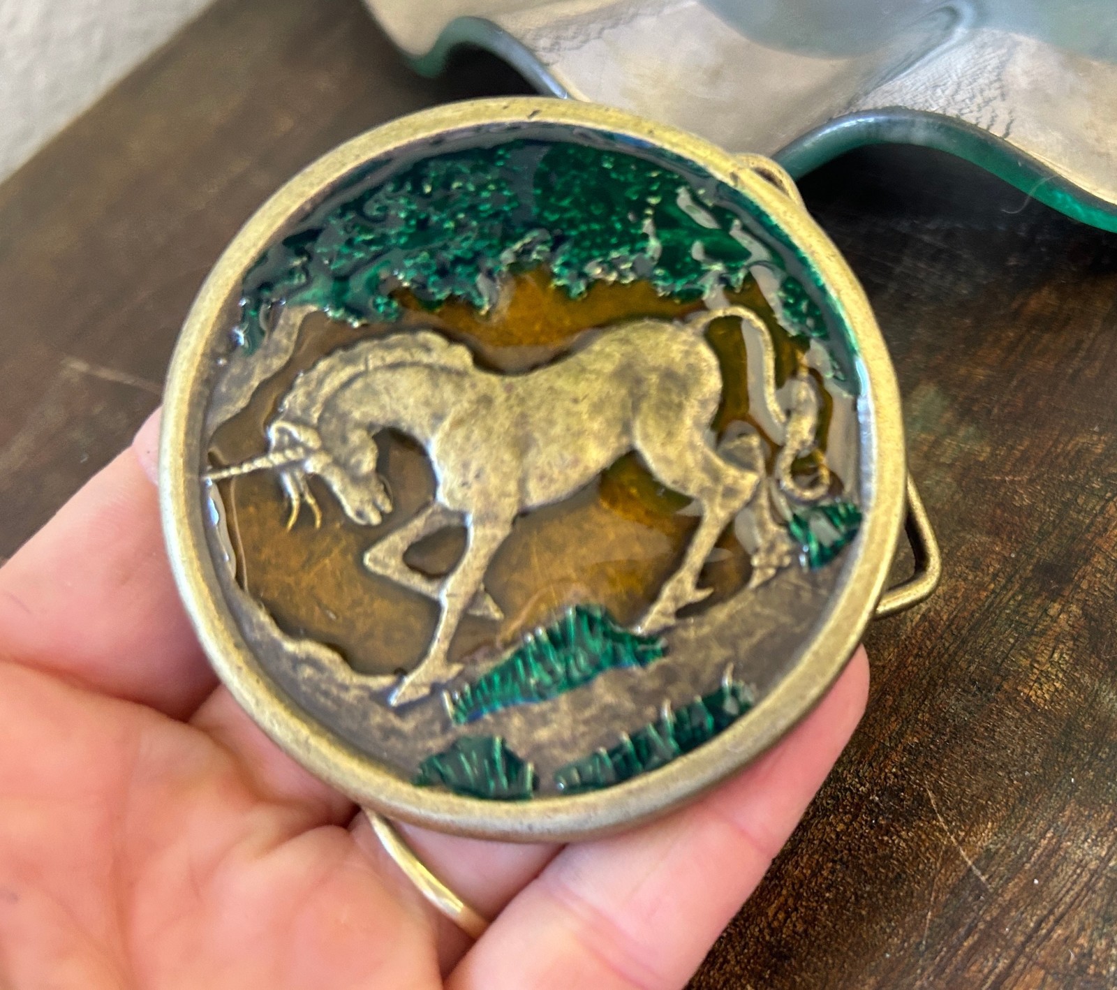 Vintage Enamel Unicorn Belt Buckle 1970s Fairytale Equestrian Style Gift