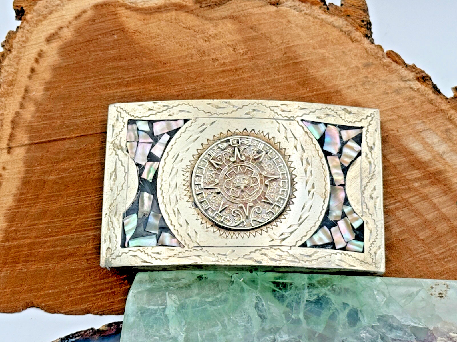 Vintage Mexico Alpaca Silver Mother of Pearl Aztec Calendar Belt Buckle–1326.25