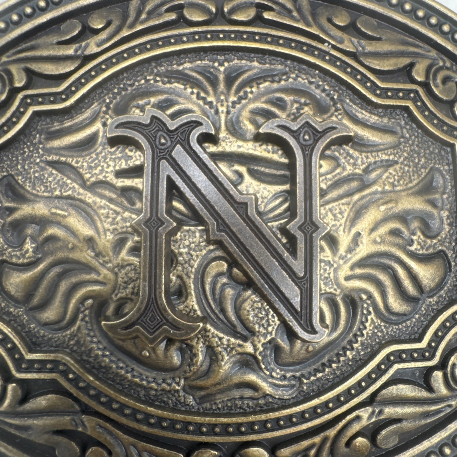 Old English / Gothic Initial “N” Bronze And Gold Tone Western Cowboy Belt Buckle