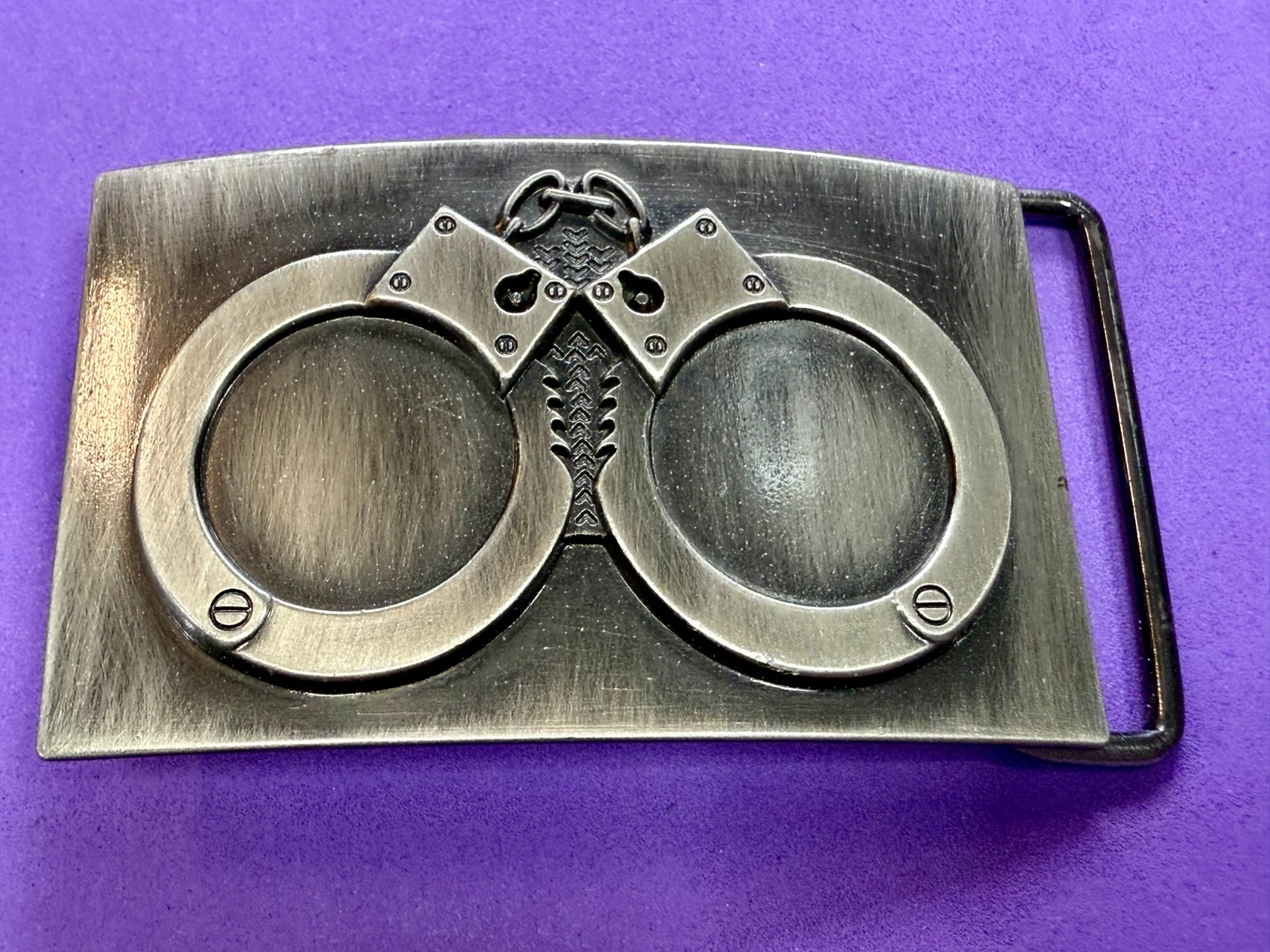 Hand Cuffs Raised Handcuffs on Silver Color Rectangular Belt Buckle
