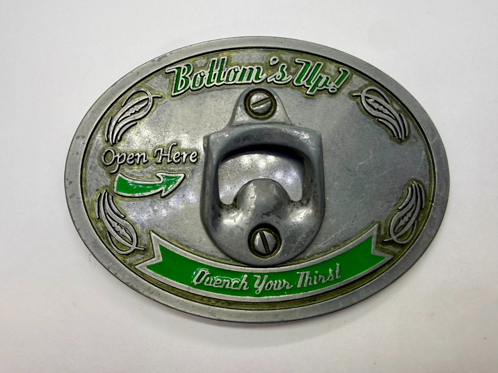 Bottom&rsquo;s Up! Open Here Quench Your Thirst Belt Buckle with Bottle Opener