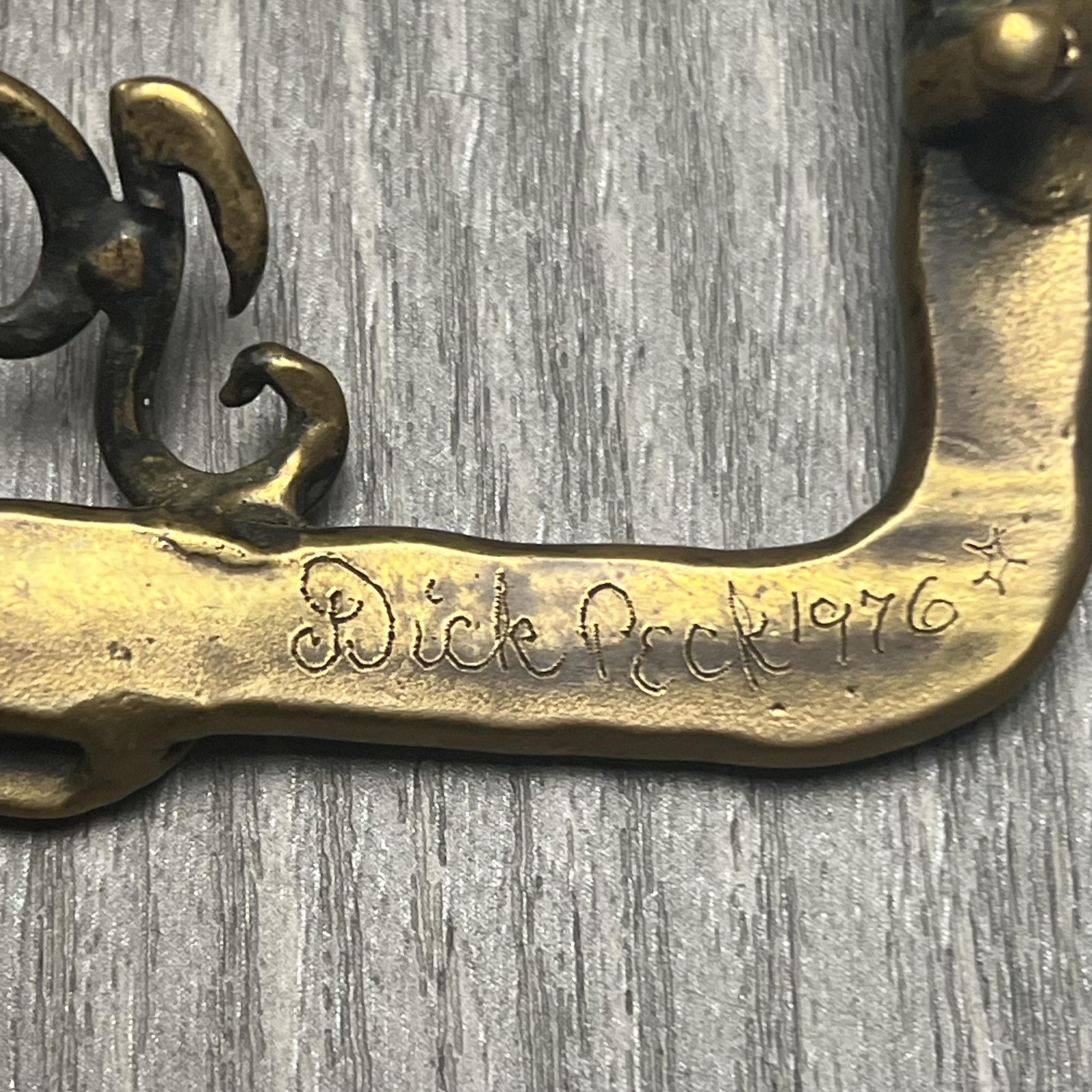 Vintage Dick Peck Belt Buckle Mens Brass Hammered Monogram JDM Signed 1976 70s
