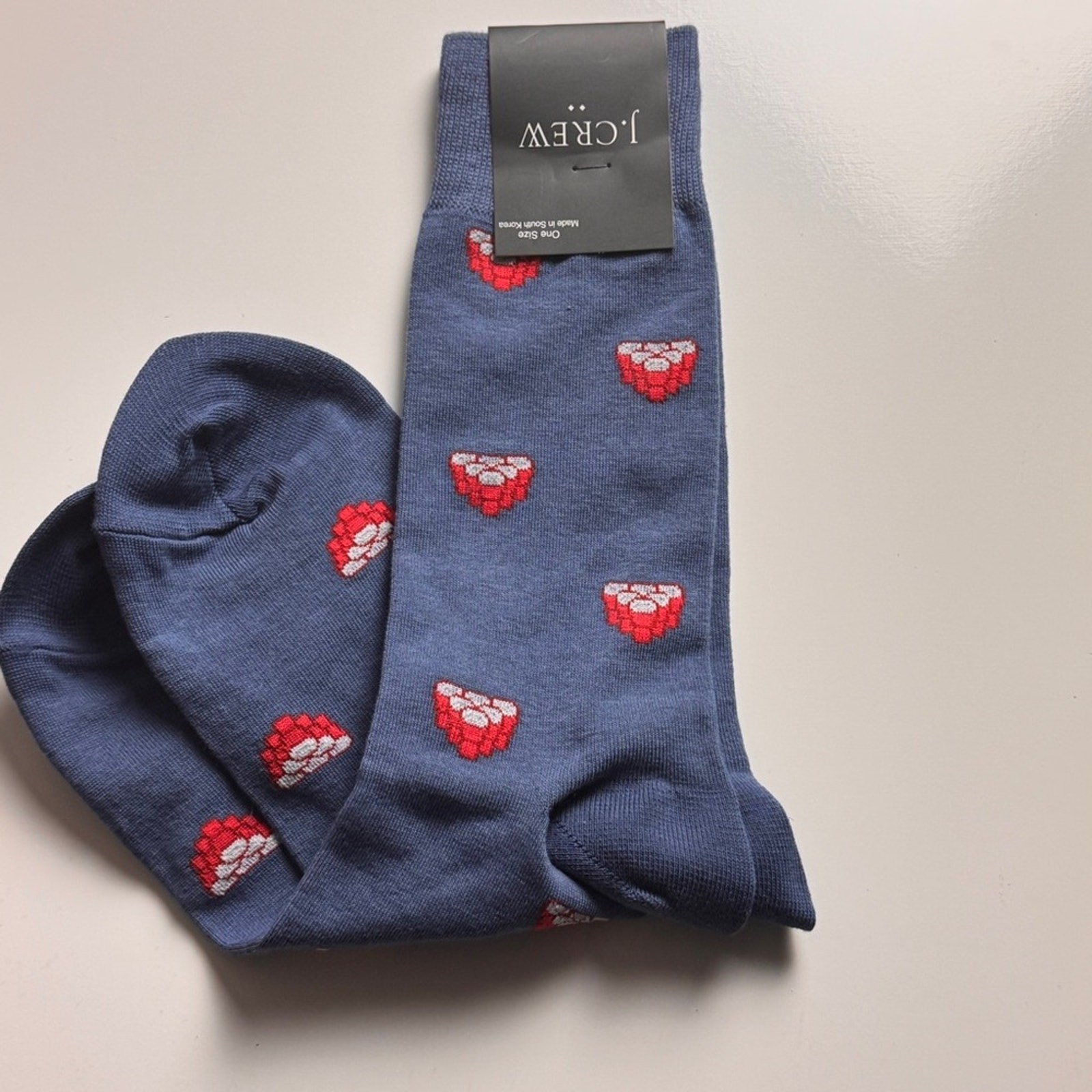 J. Crew Blue Socks with Red Cup Graphic Pattern Sz OS NWT