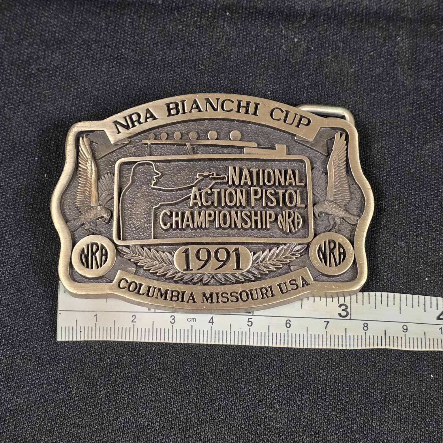 NRA Bianchi Cup Belt Buckle 1991 National Action Pistol Bronze Tone
