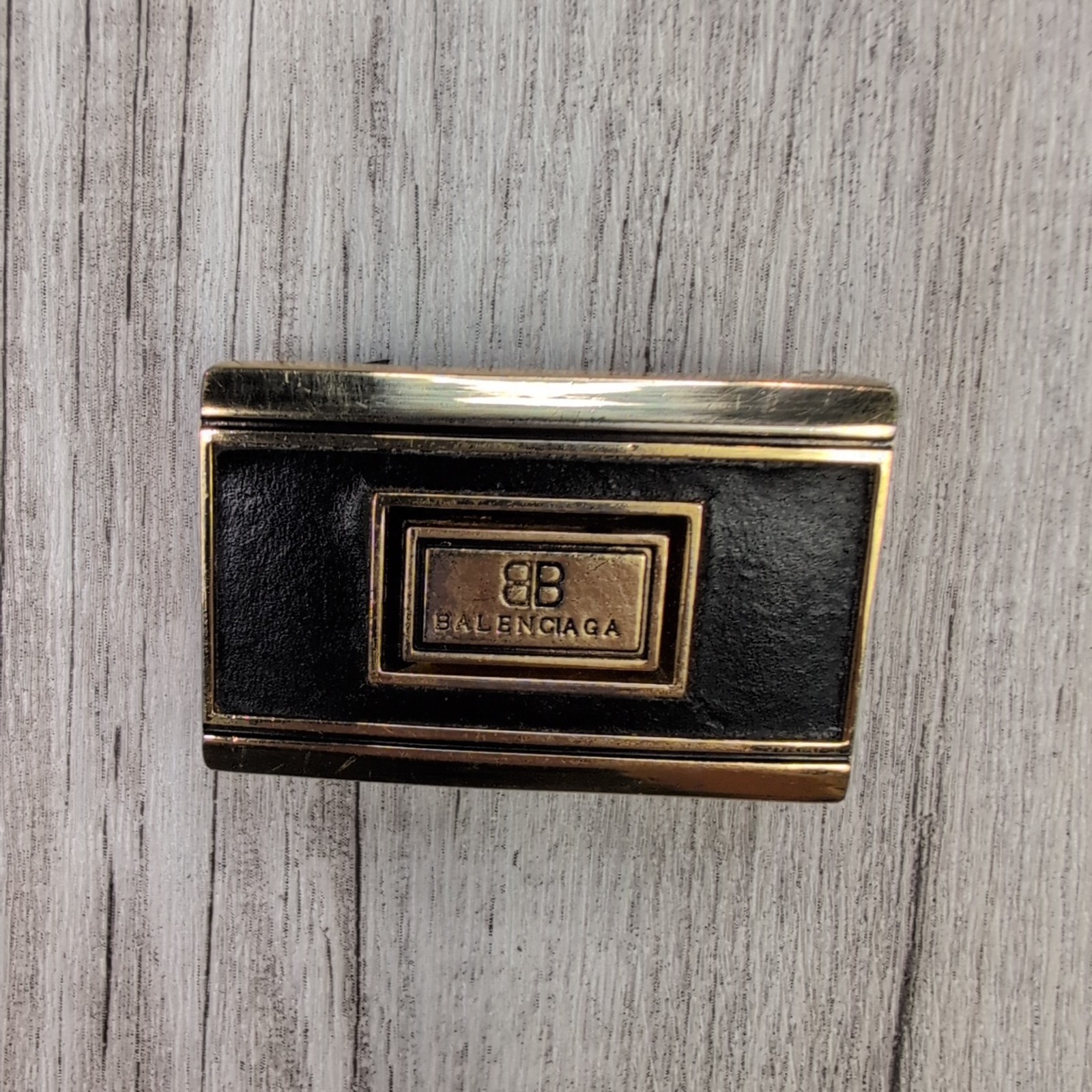 Balenciaga Black Gold Tone Belt Buckle Rectangle BB Logo Vintage Style Accessory