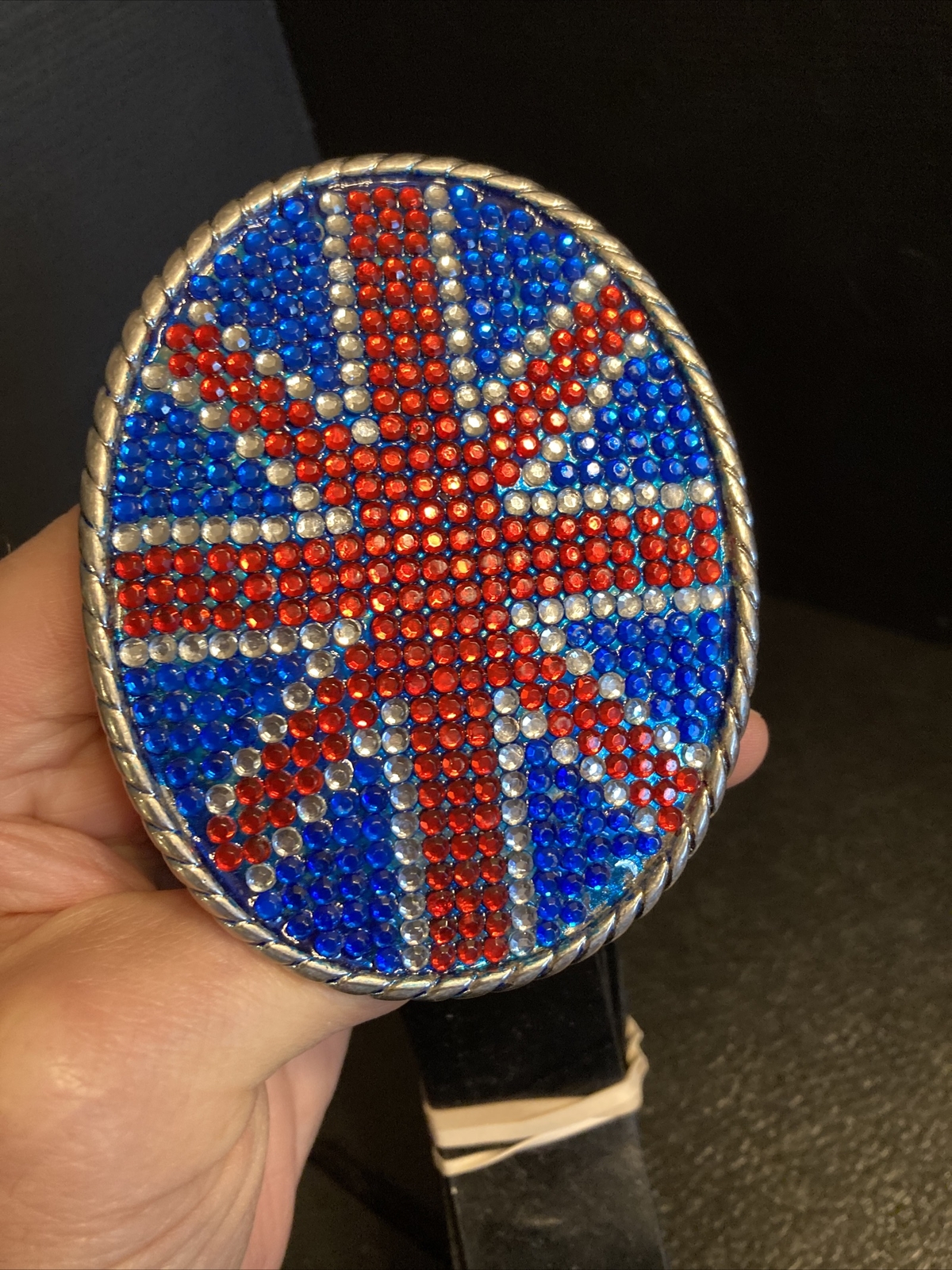 17) Union Jack British Flag Metal Belt Buckle Oval w/ Inset Stones & 36” Belt