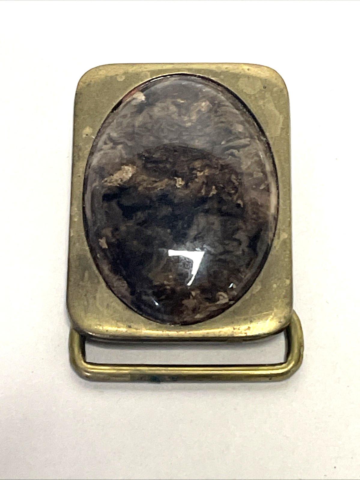 Vintage BTS Solid Brass Belt Buckle Brown Stone Cabochon Made USA 2&Prime; x 1.5&Prime; 79g