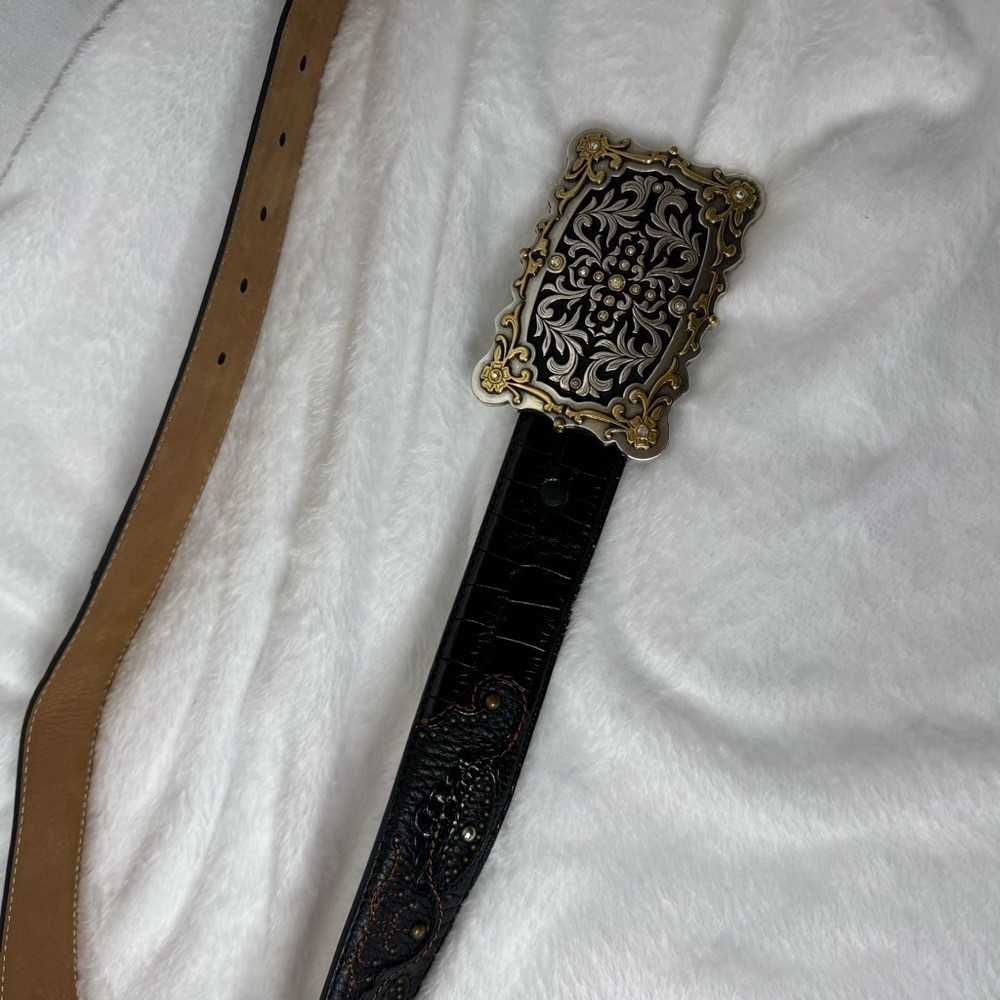 Justin Black Leather Embroidered Belt Ornate Silver Buckle Sz 30 Western Country