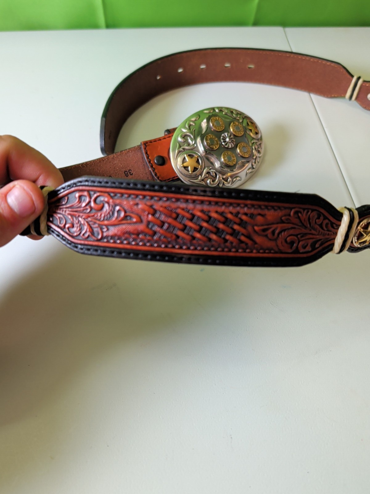 leather belt Brown Silver Creek Classics and Belt Buckle cowboy Western size 38