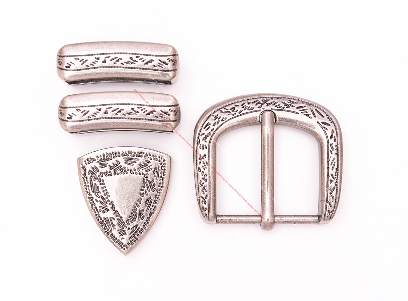 30MM Engraved Floral Western Leathercraft 4-Piece Set Belt Buckle Antique Silver