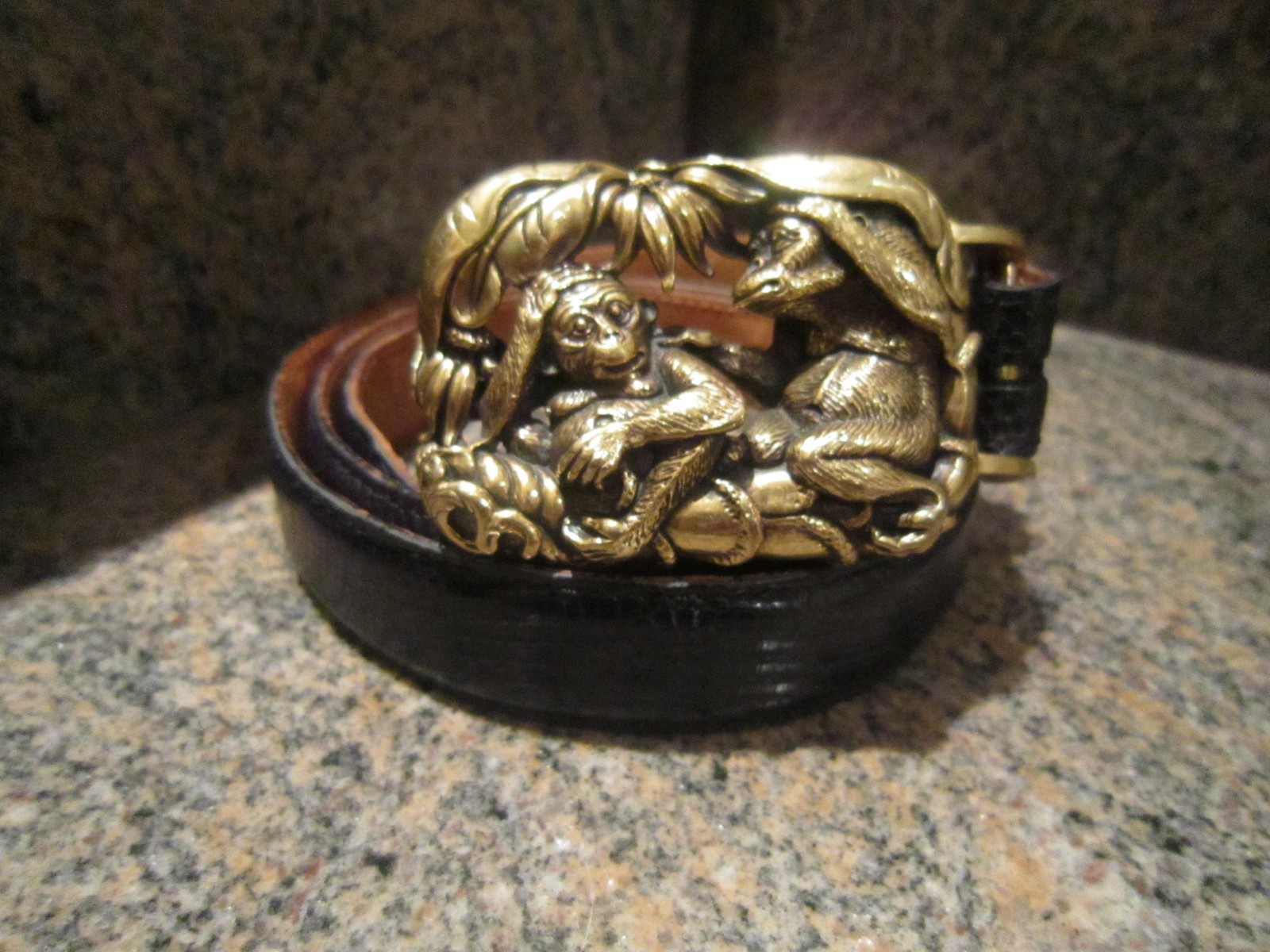 Rare! Kieselstein-Cord Art Bronze Jungle Monkey Buckle/ Black Lizard Belt Size 3