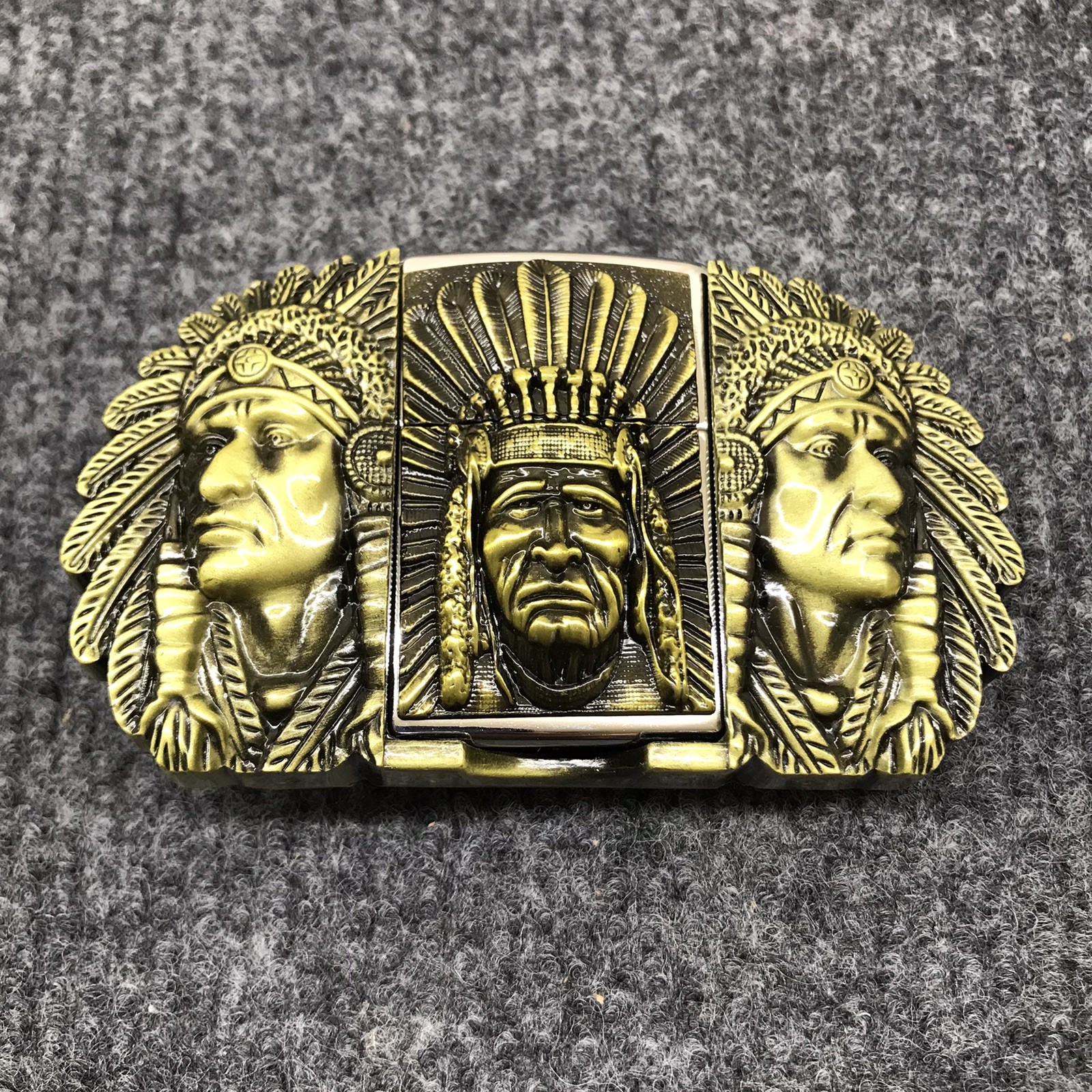 Antique Brushed Indian Chief Head Belt Buckle with Lighter, Stock in US