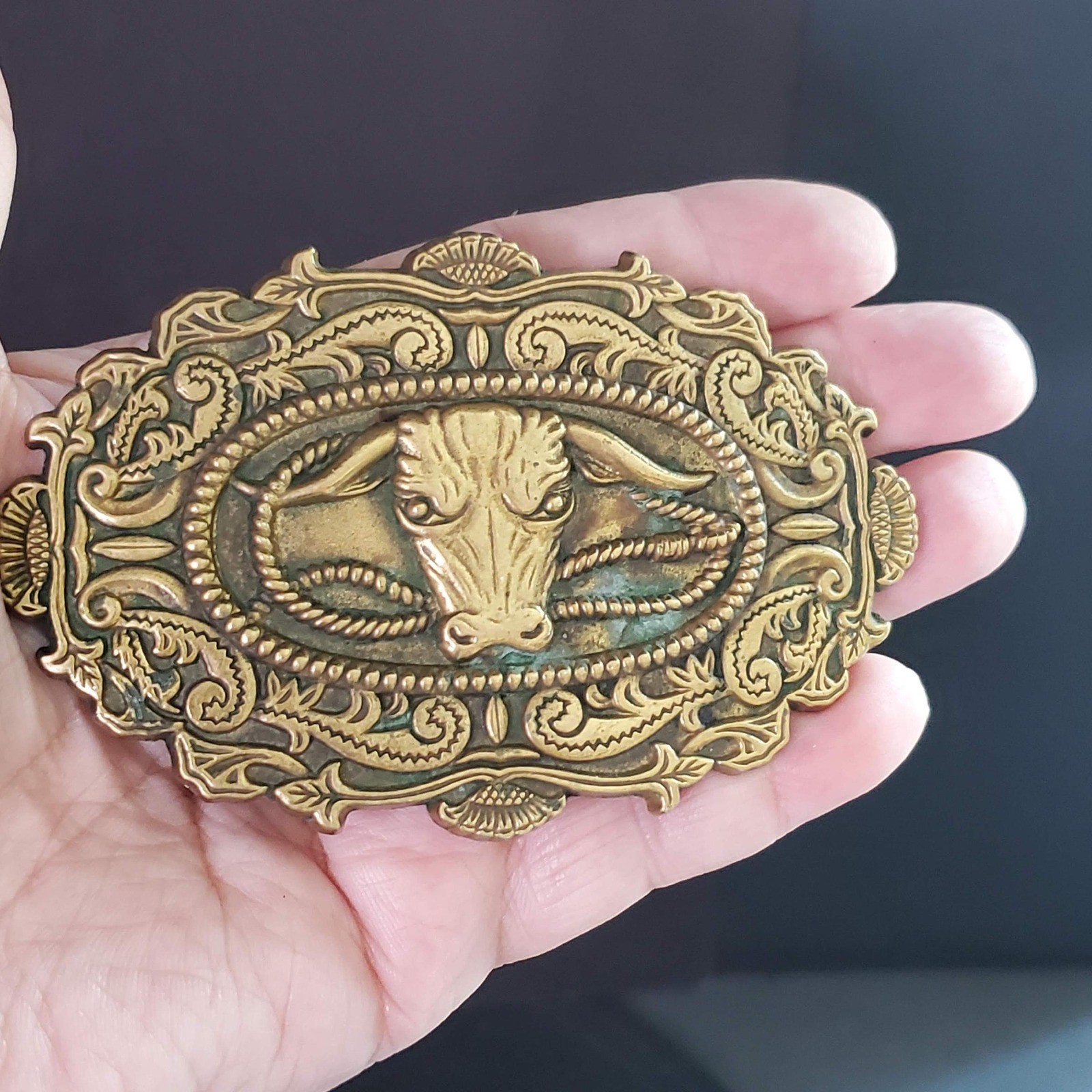 Vintage 1982 Baron Buckles Solid Brass Bull Head Belt Buckle Ornate Rancher