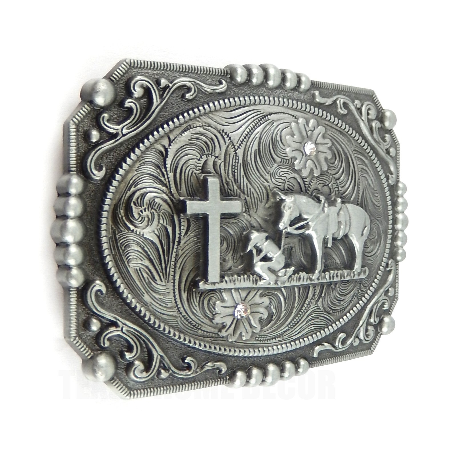 Western Floral Belt Buckle Praying Cowboy Kneeling at Cross Antique Silver Tone