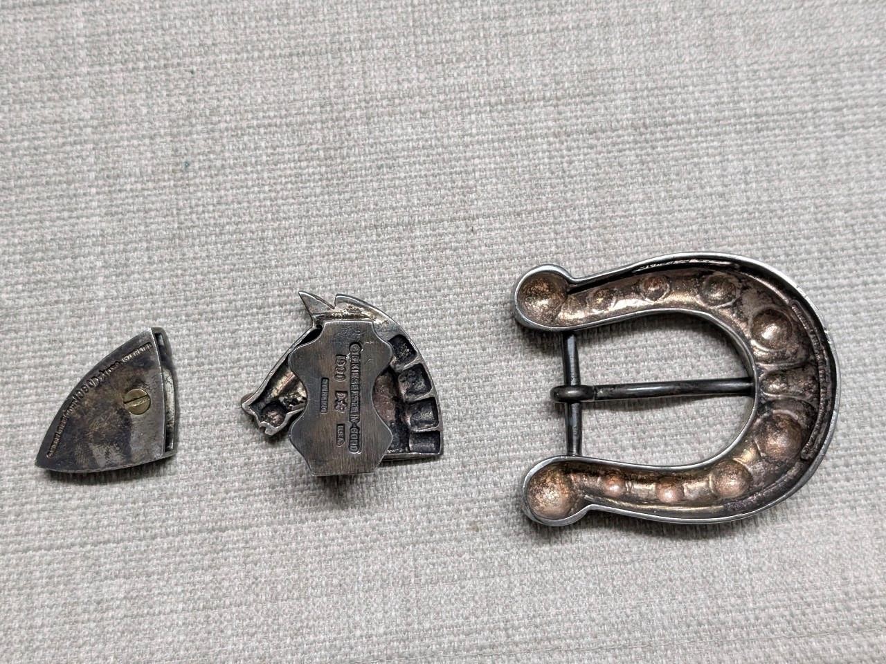 vintage KIESELSTEIN CORD belt buckle set STERLING SILVER horse-shoe 3PC western