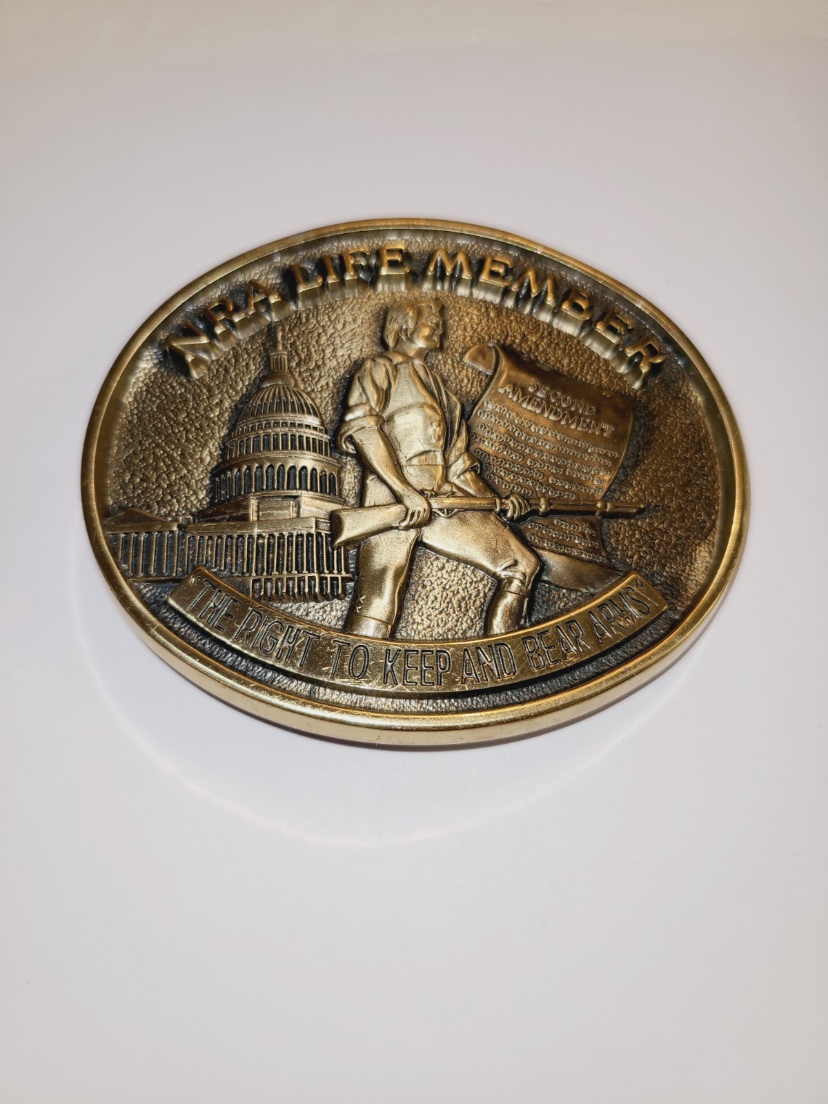 NRA LIFE MEMBER Oval Solid Brass « Right To Keep and Bear Arms » Belt Buckle
