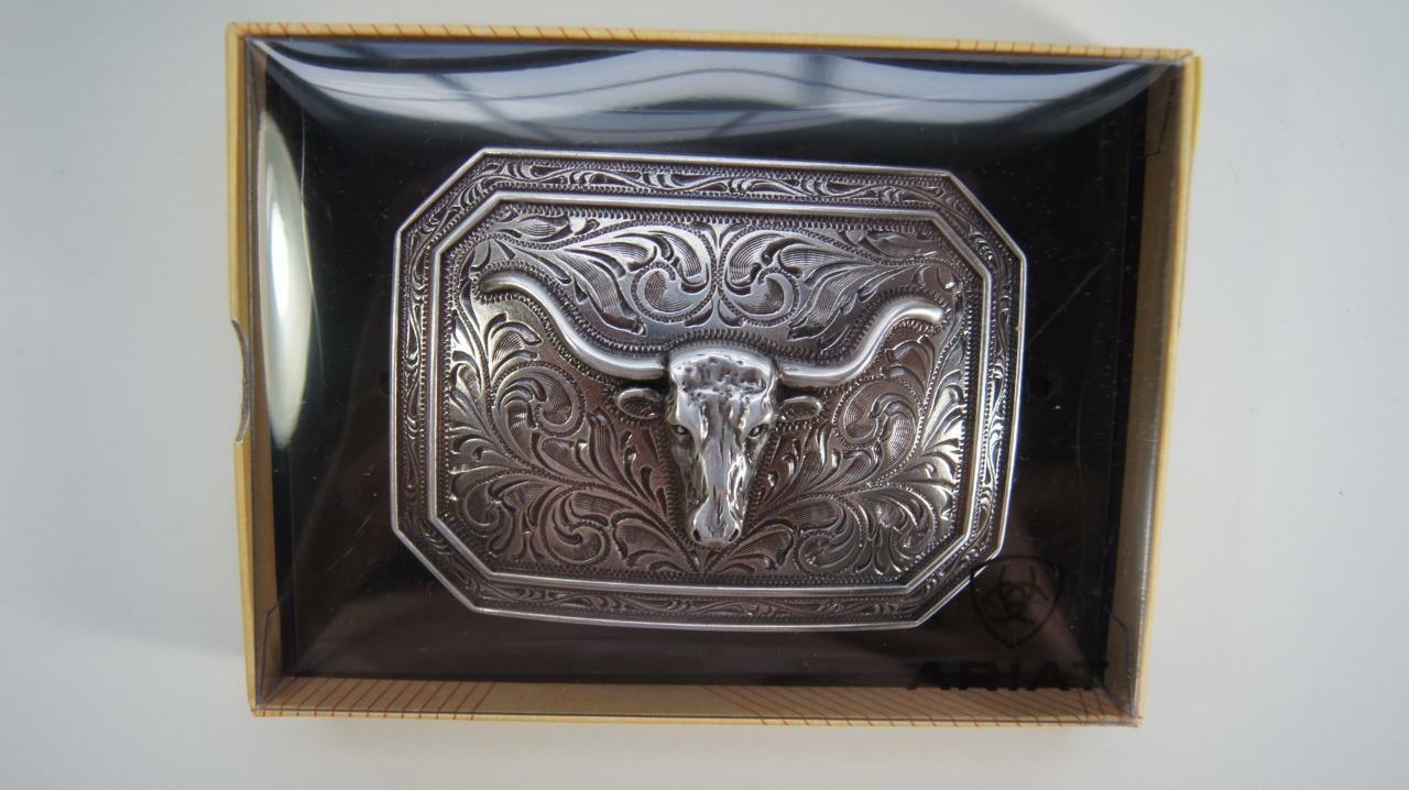 Ariat Western Rectangle Smooth Edge Longhorn Silver Belt Buckle A37008