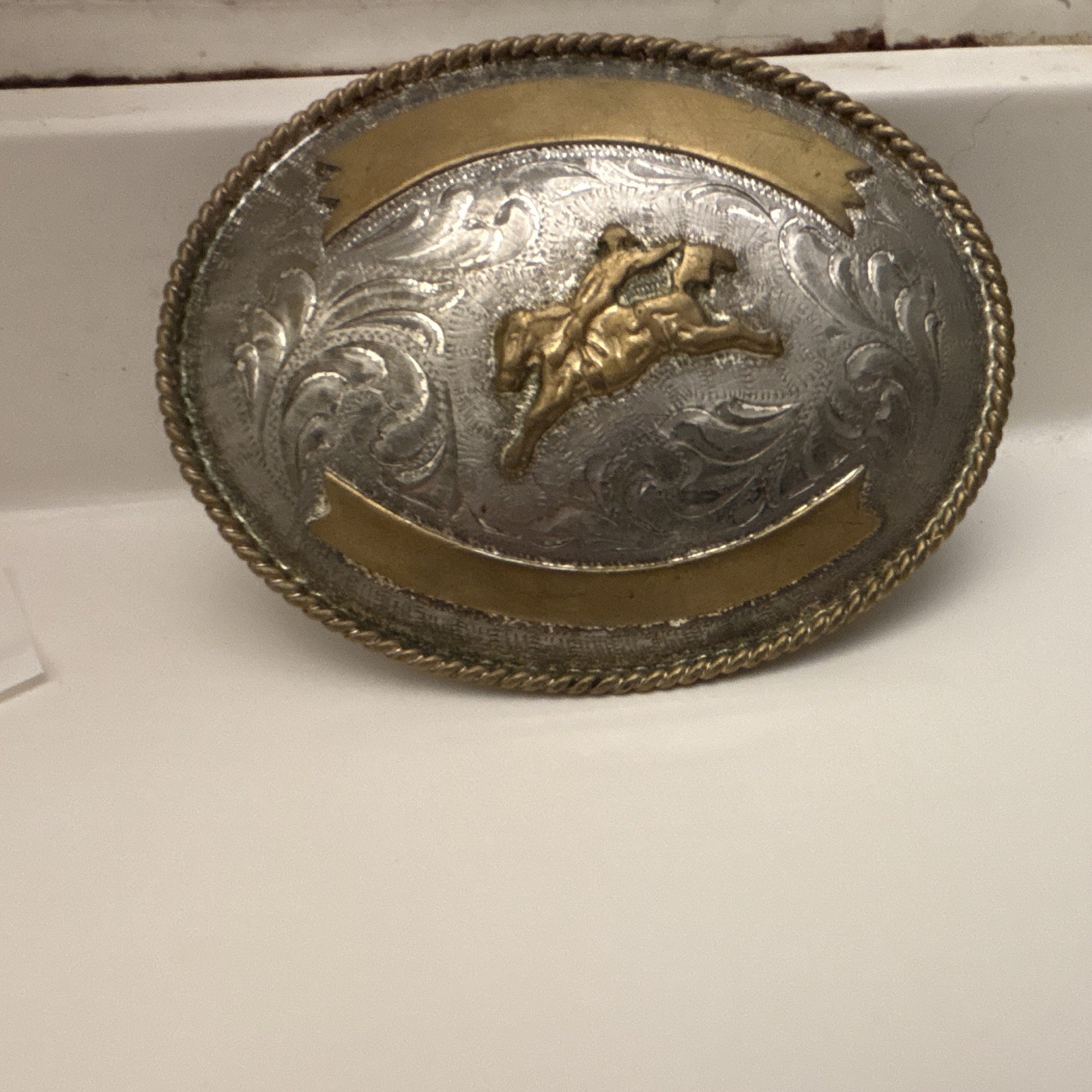 PRCA Pattie Oval Western Belt Buckle Silver/Gold Rope Edge Horse Rider Floral